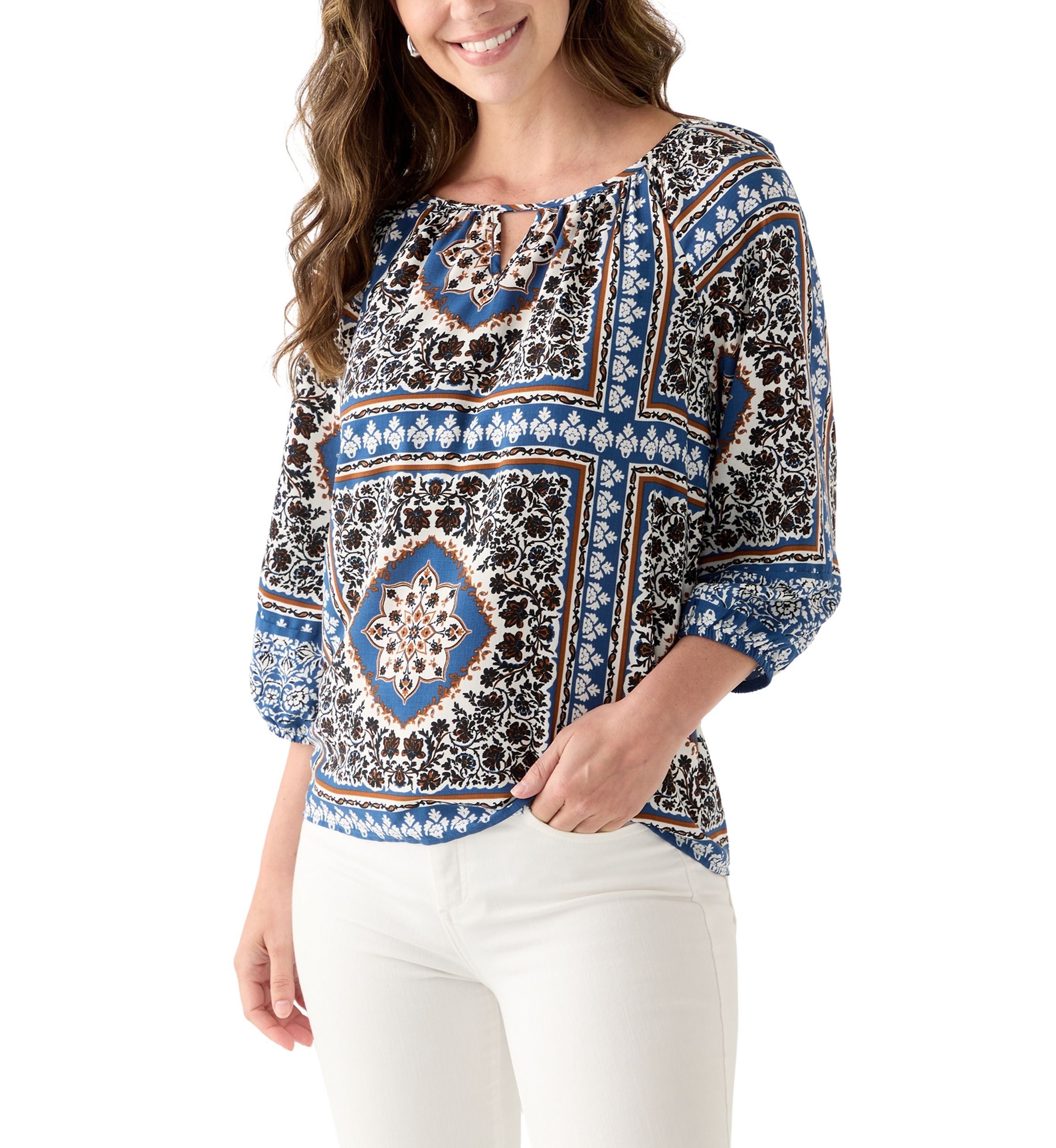 Womens Three-Quarter Sleeve Printed Peasant Blouse