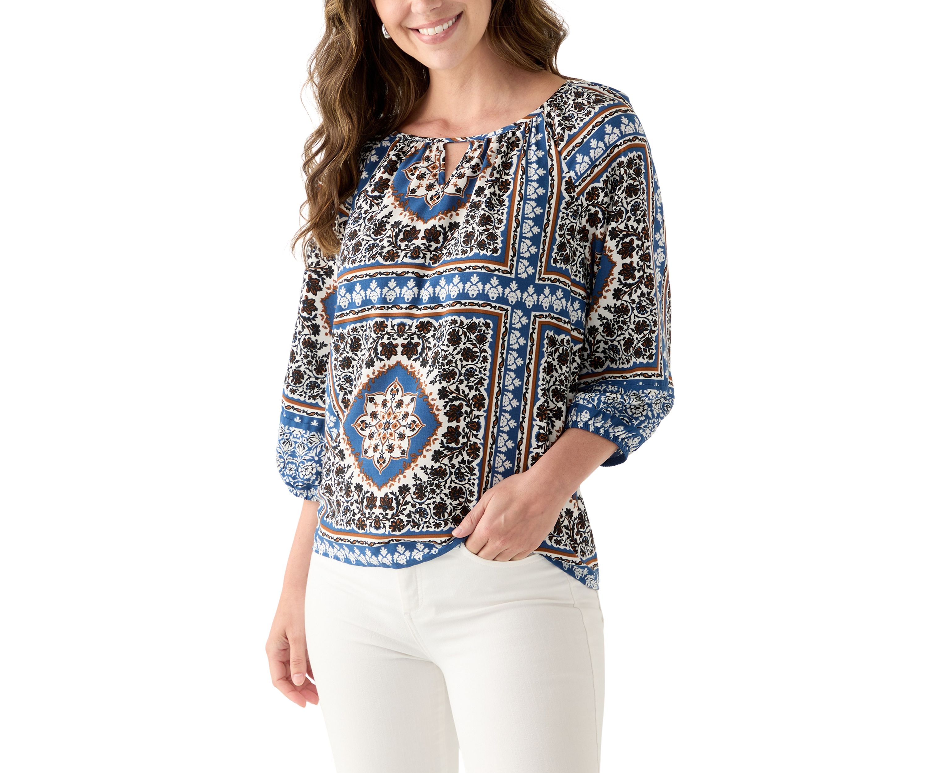 Womens Three-Quarter Sleeve Printed Peasant Blouse
