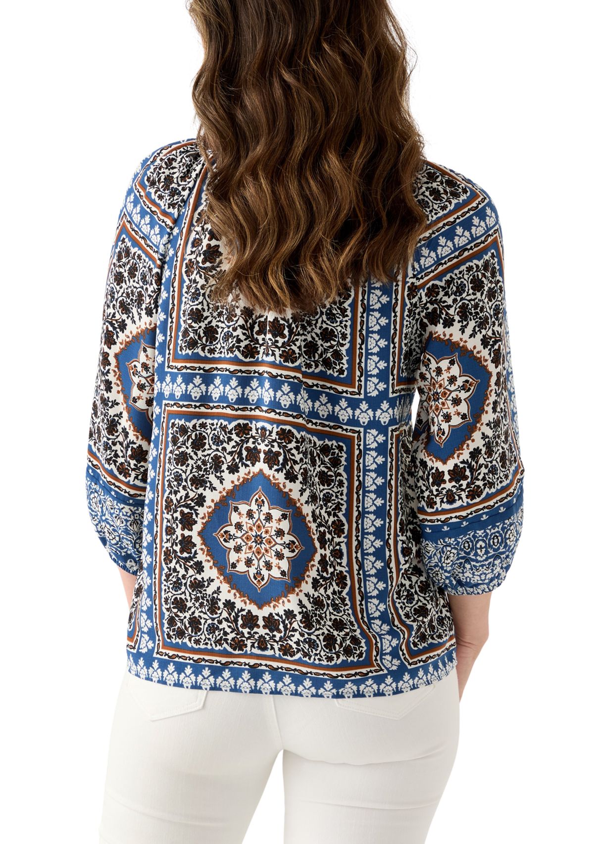 Womens Three-Quarter Sleeve Printed Peasant Blouse