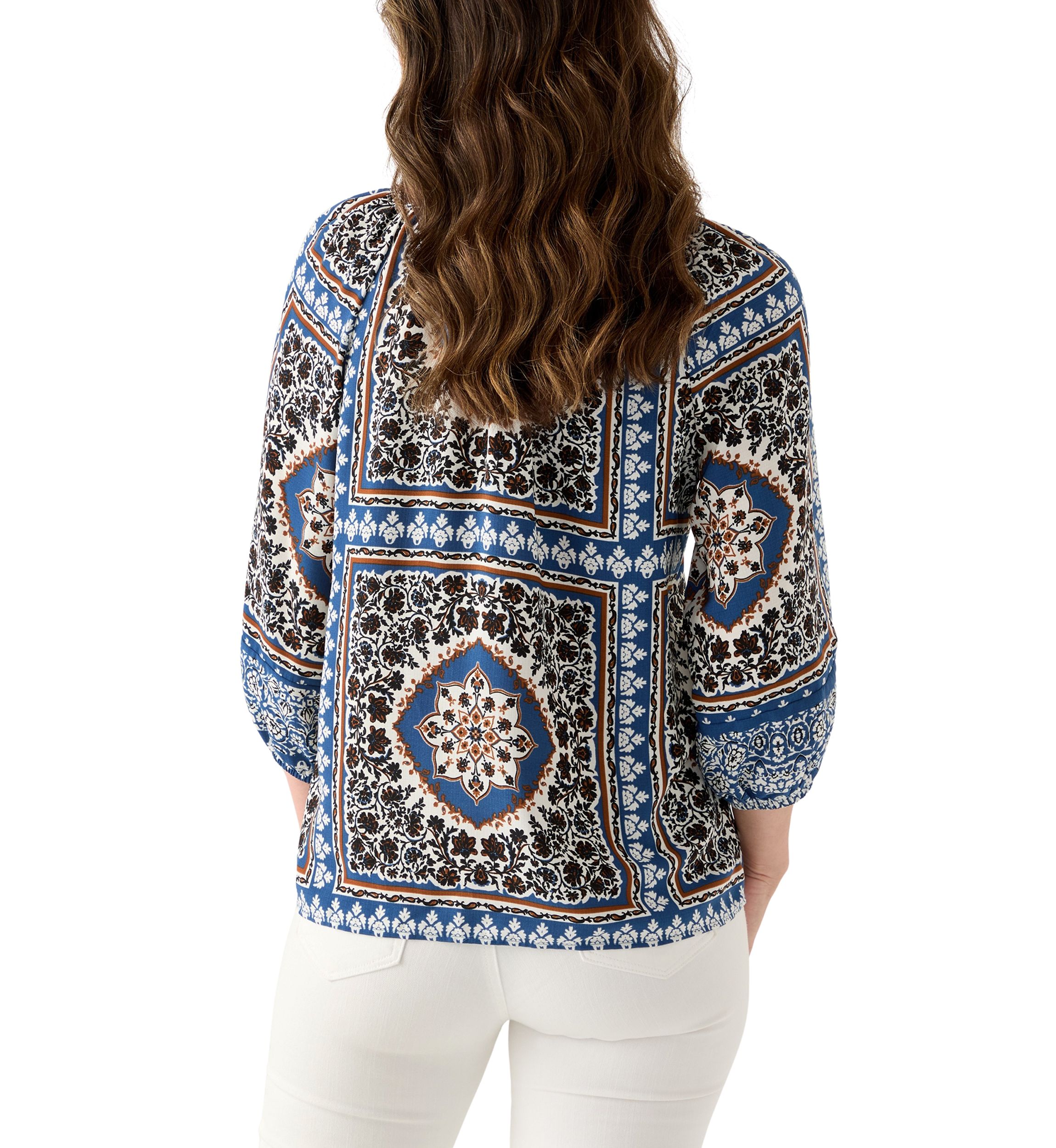 Womens Three-Quarter Sleeve Printed Peasant Blouse