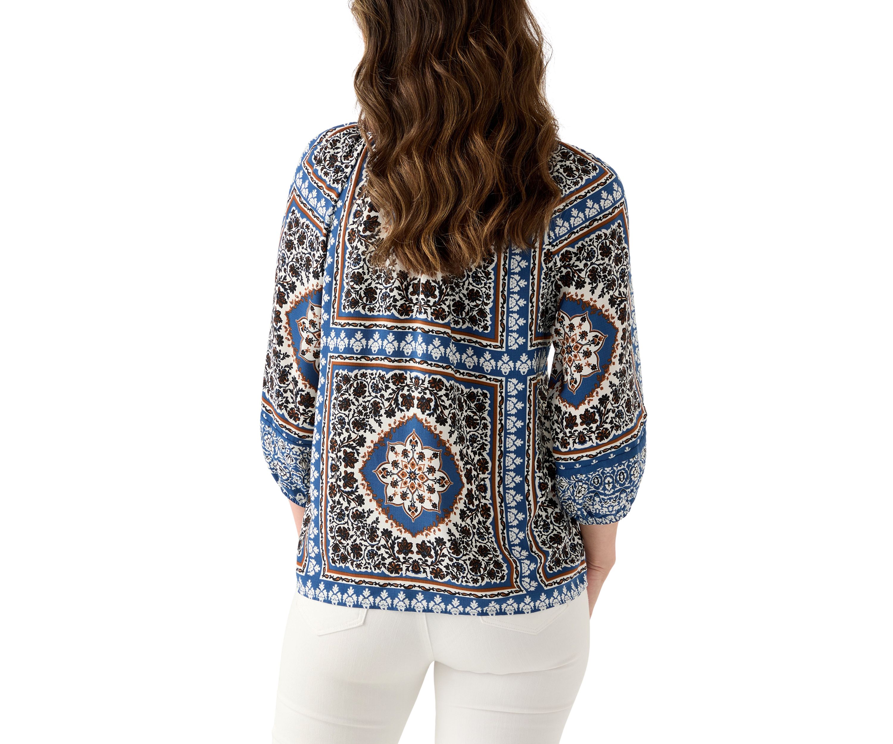 Womens Three-Quarter Sleeve Printed Peasant Blouse