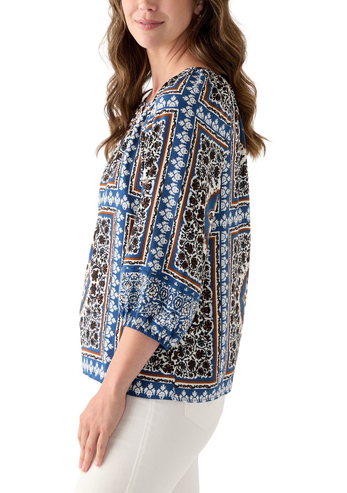 Womens Three-Quarter Sleeve Printed Peasant Blouse
