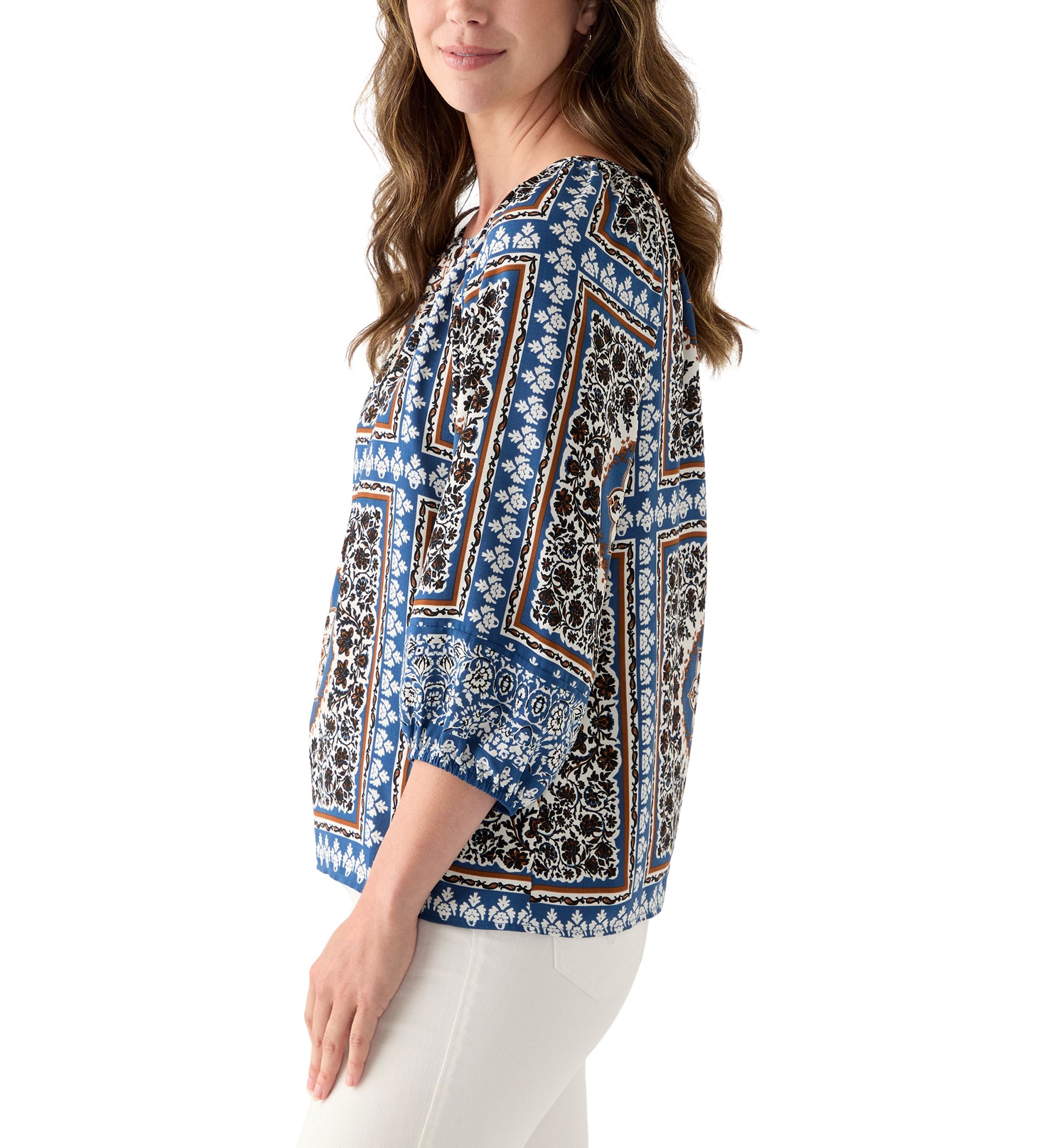 Womens Three-Quarter Sleeve Printed Peasant Blouse