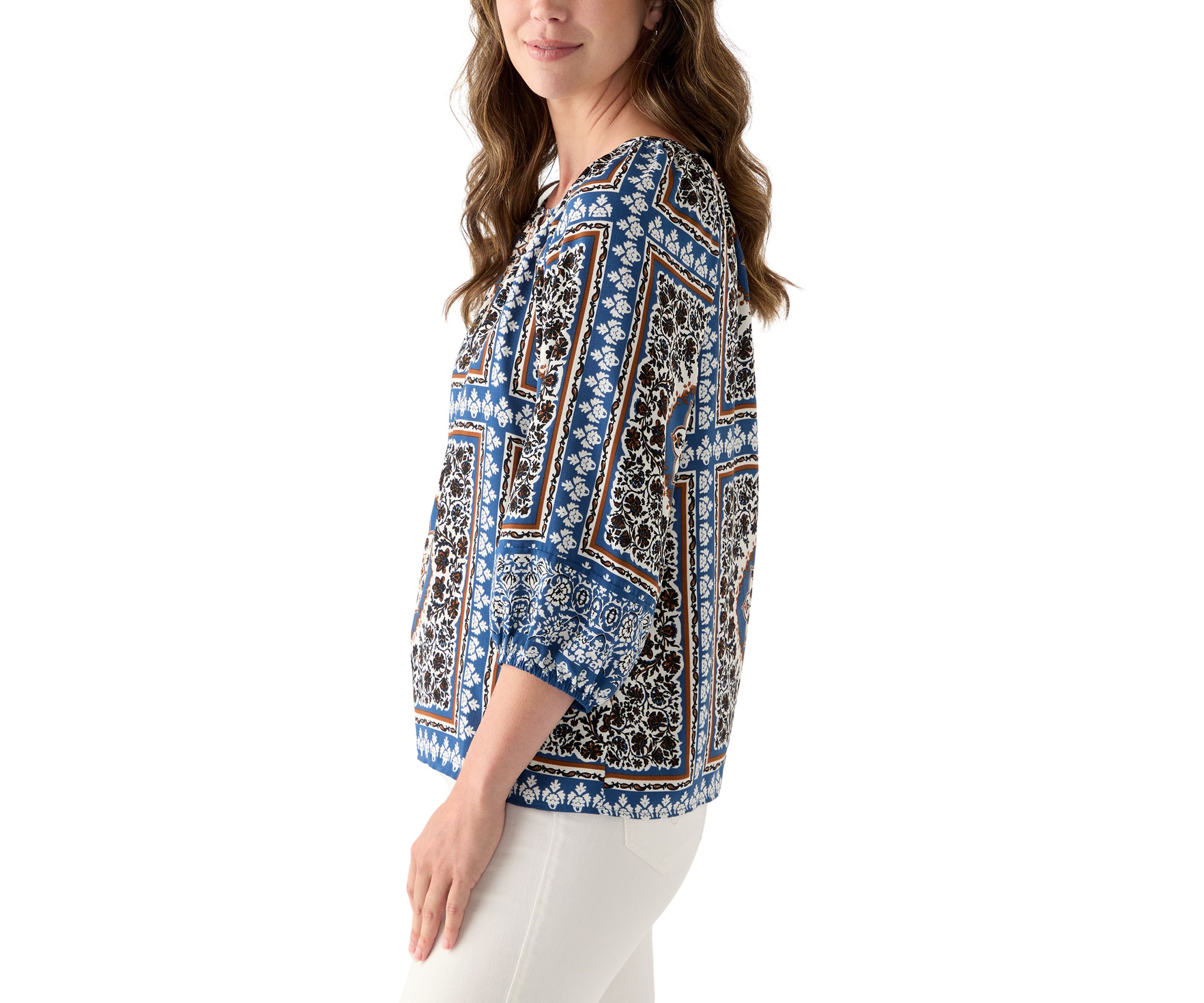 Womens Three-Quarter Sleeve Printed Peasant Blouse