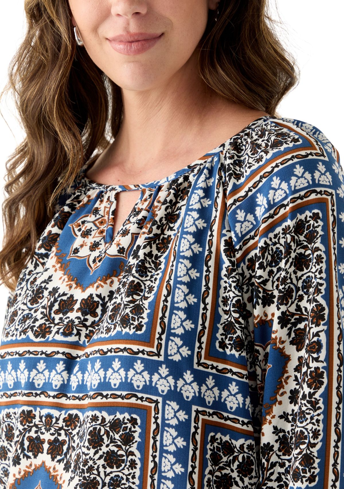 Womens Three-Quarter Sleeve Printed Peasant Blouse