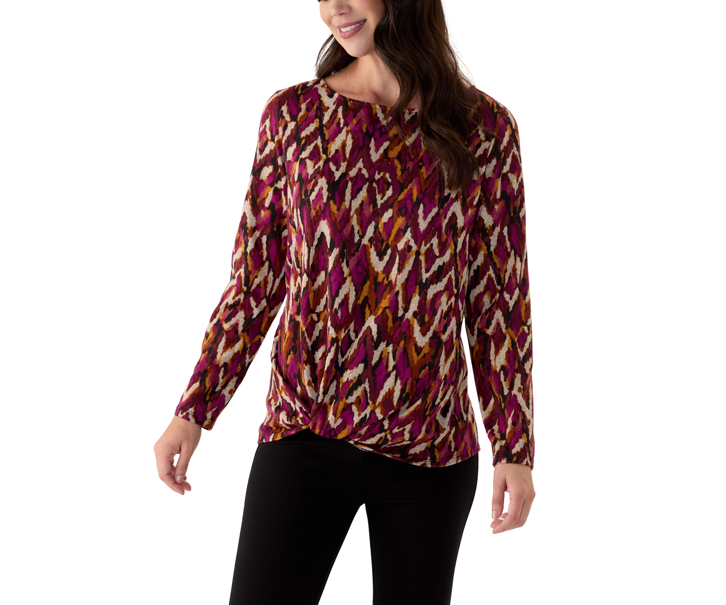 Womens Long Sleeve Printed Knot Hem Knit Top