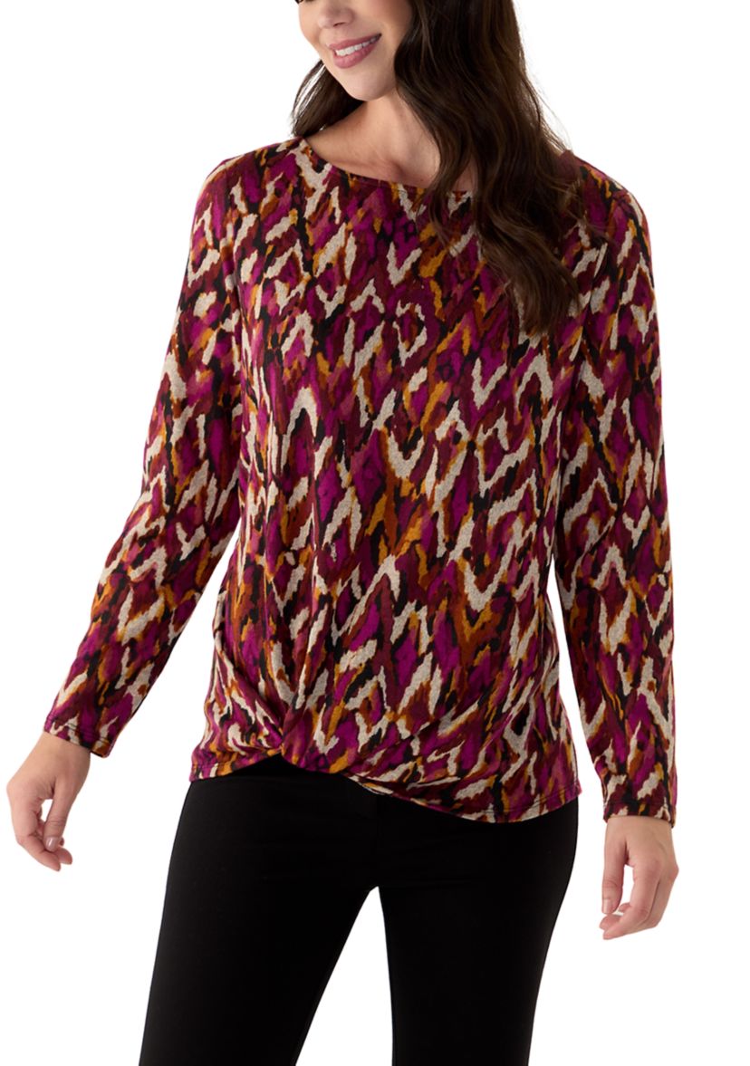 Womens Long Sleeve Printed Knot Hem Knit Top