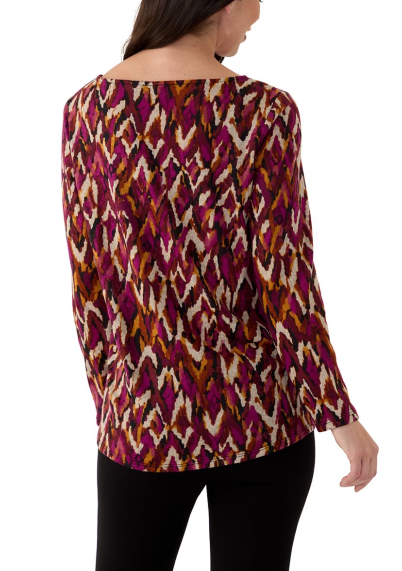 Womens Long Sleeve Printed Knot Hem Knit Top