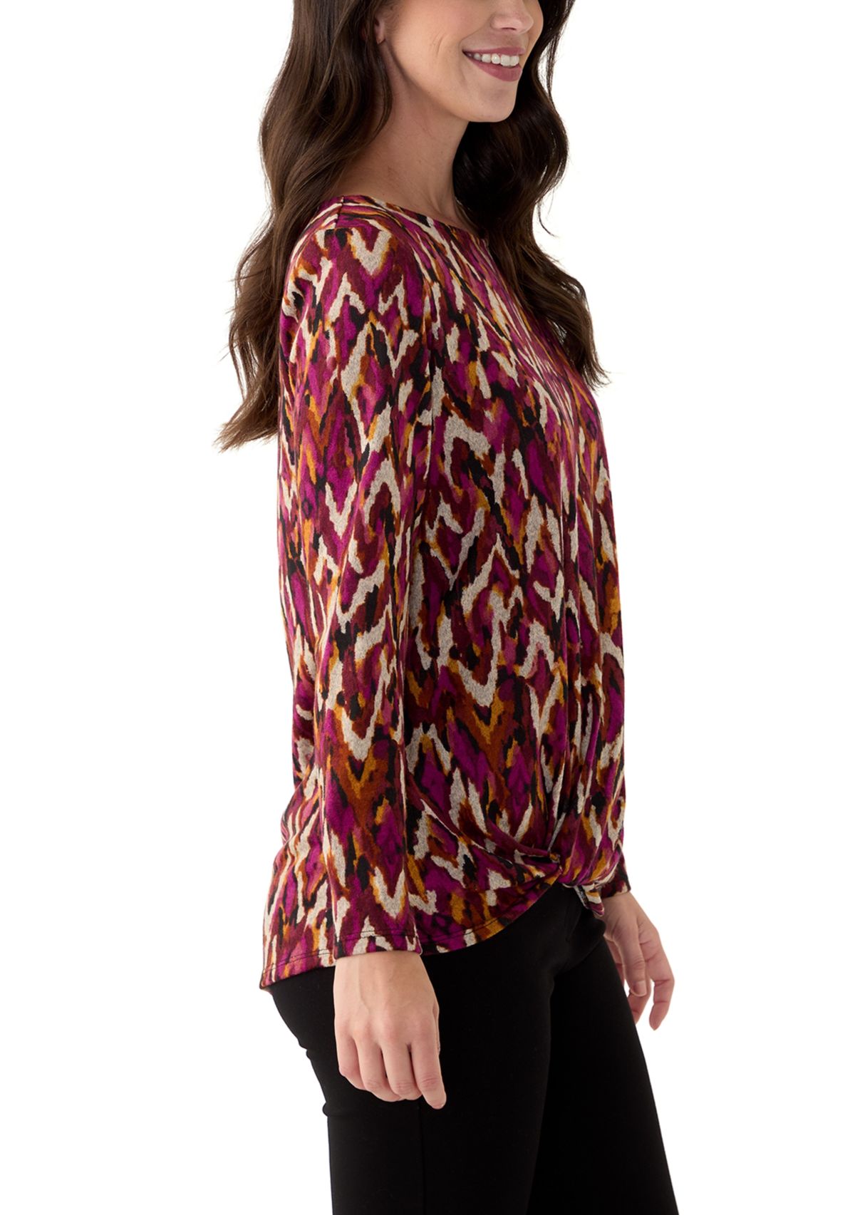 Womens Long Sleeve Printed Knot Hem Knit Top