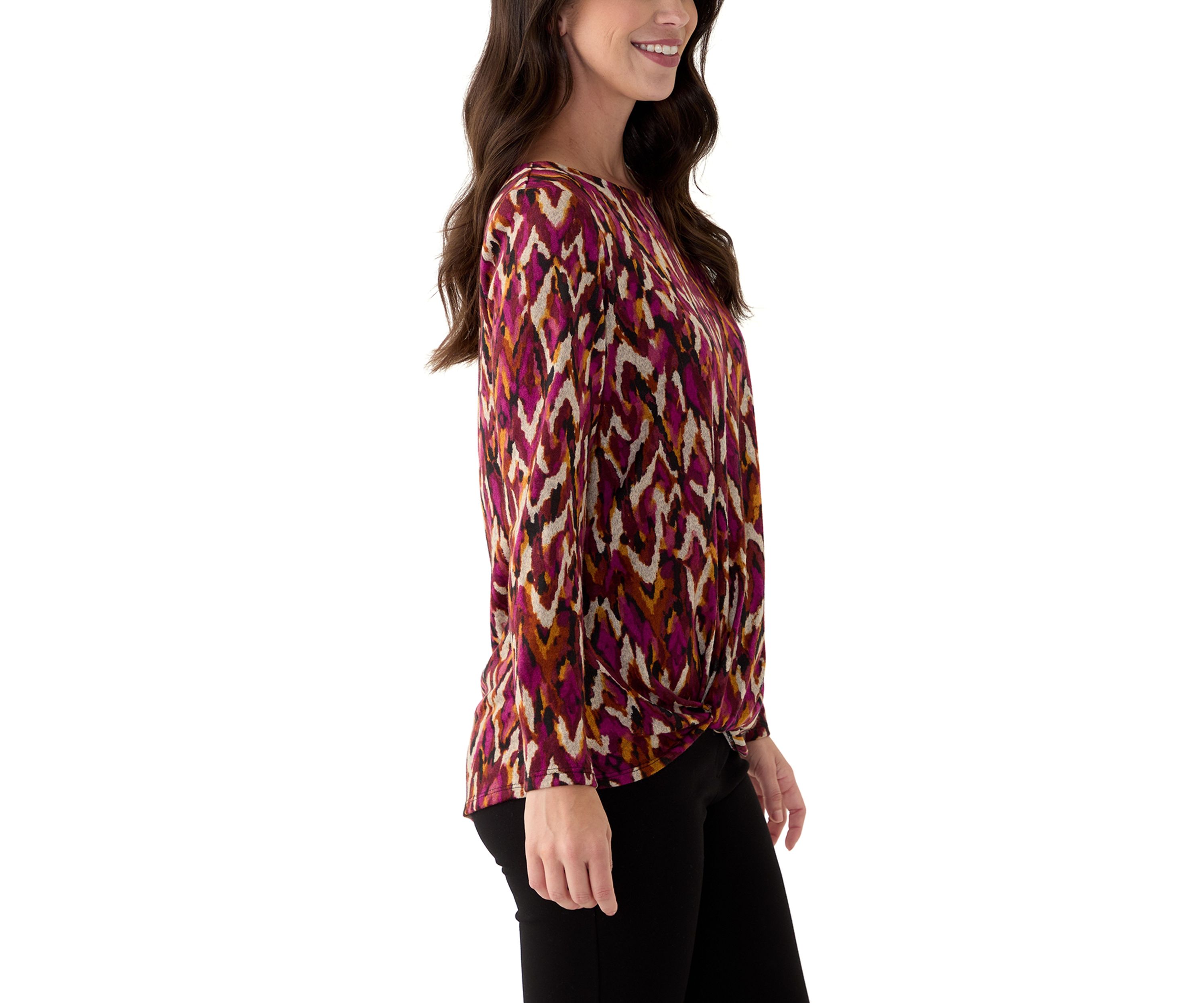 Womens Long Sleeve Printed Knot Hem Knit Top