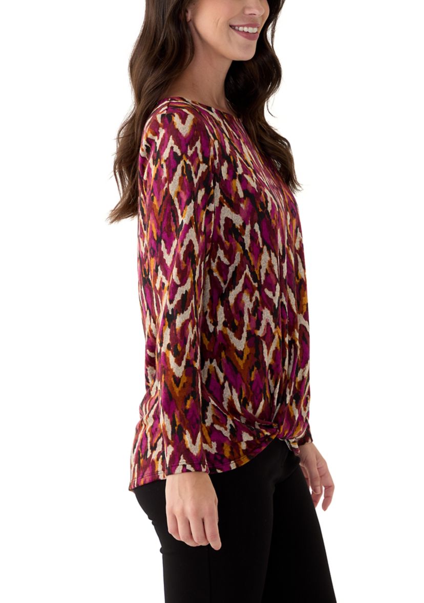 Womens Long Sleeve Printed Knot Hem Knit Top
