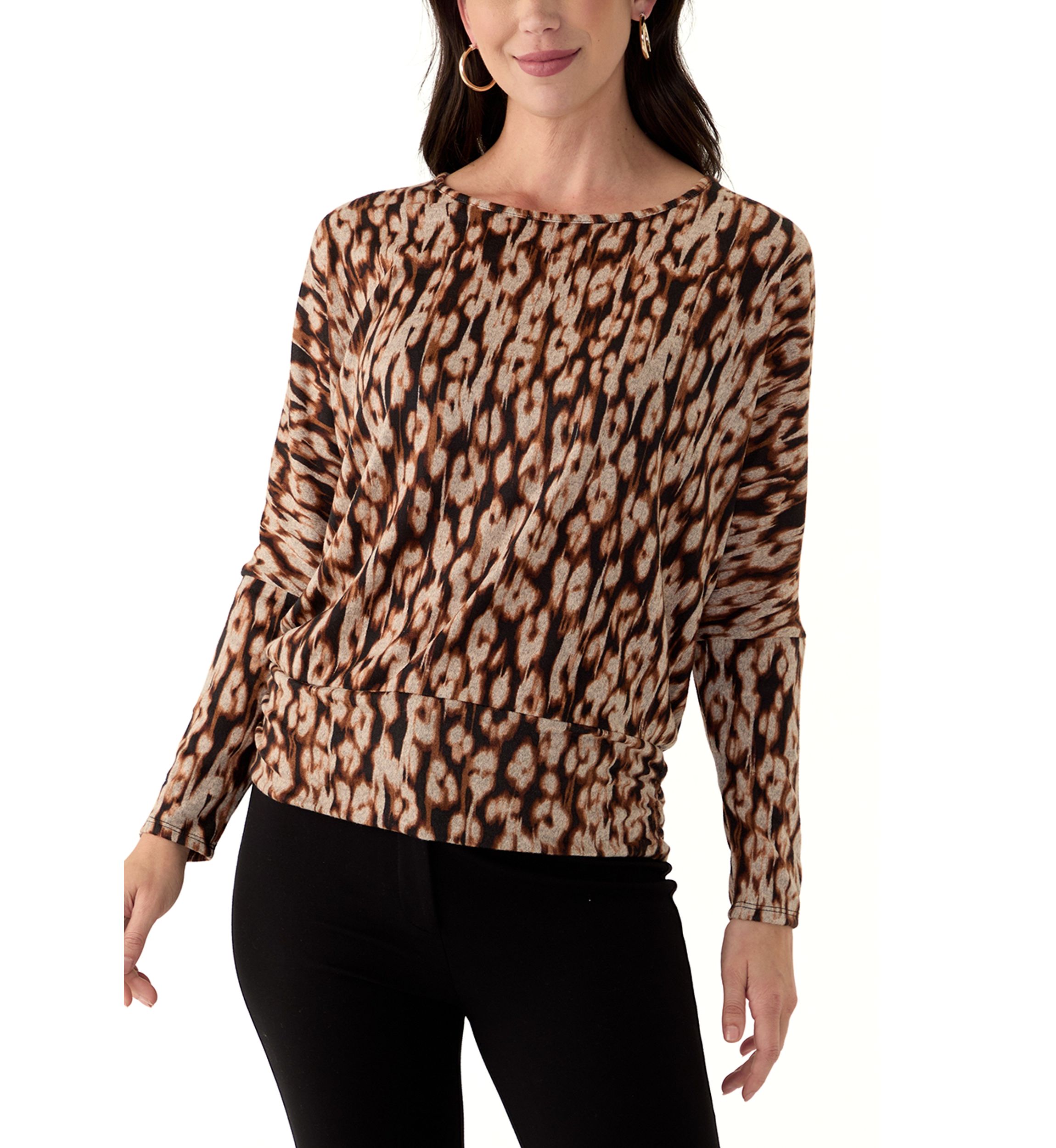 Womens Long Sleeve Banded Hem Printed Knit Top