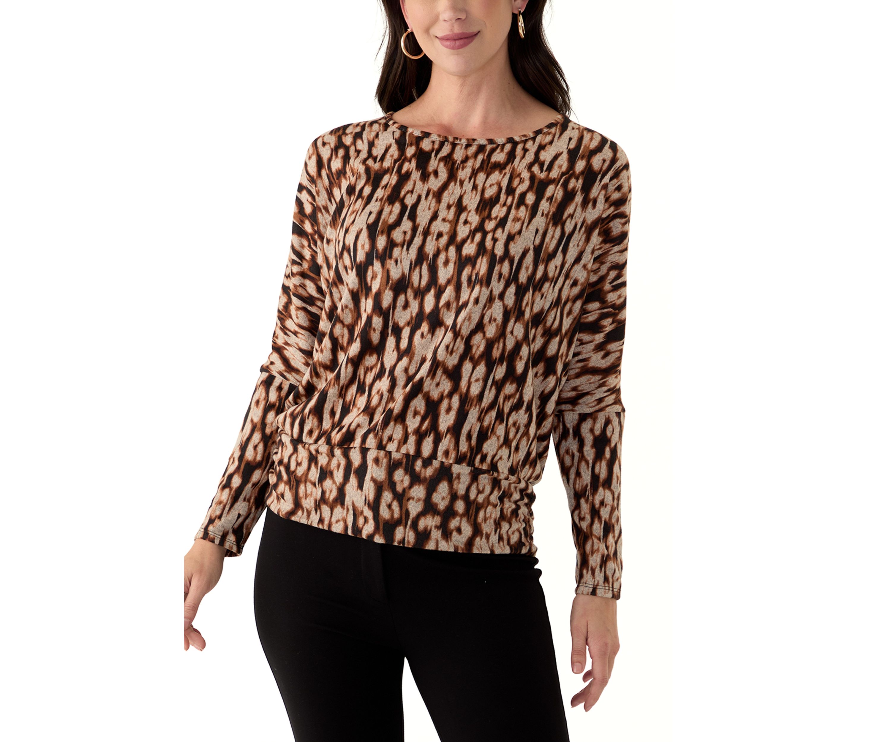 Womens Long Sleeve Banded Hem Printed Knit Top
