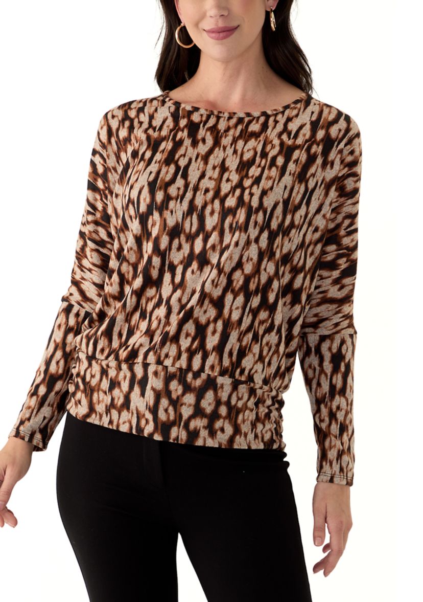 Womens Long Sleeve Banded Hem Printed Knit Top