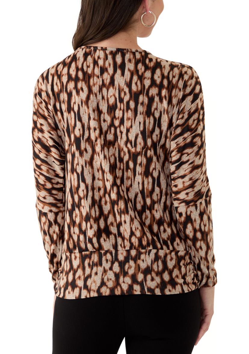 Womens Long Sleeve Banded Hem Printed Knit Top
