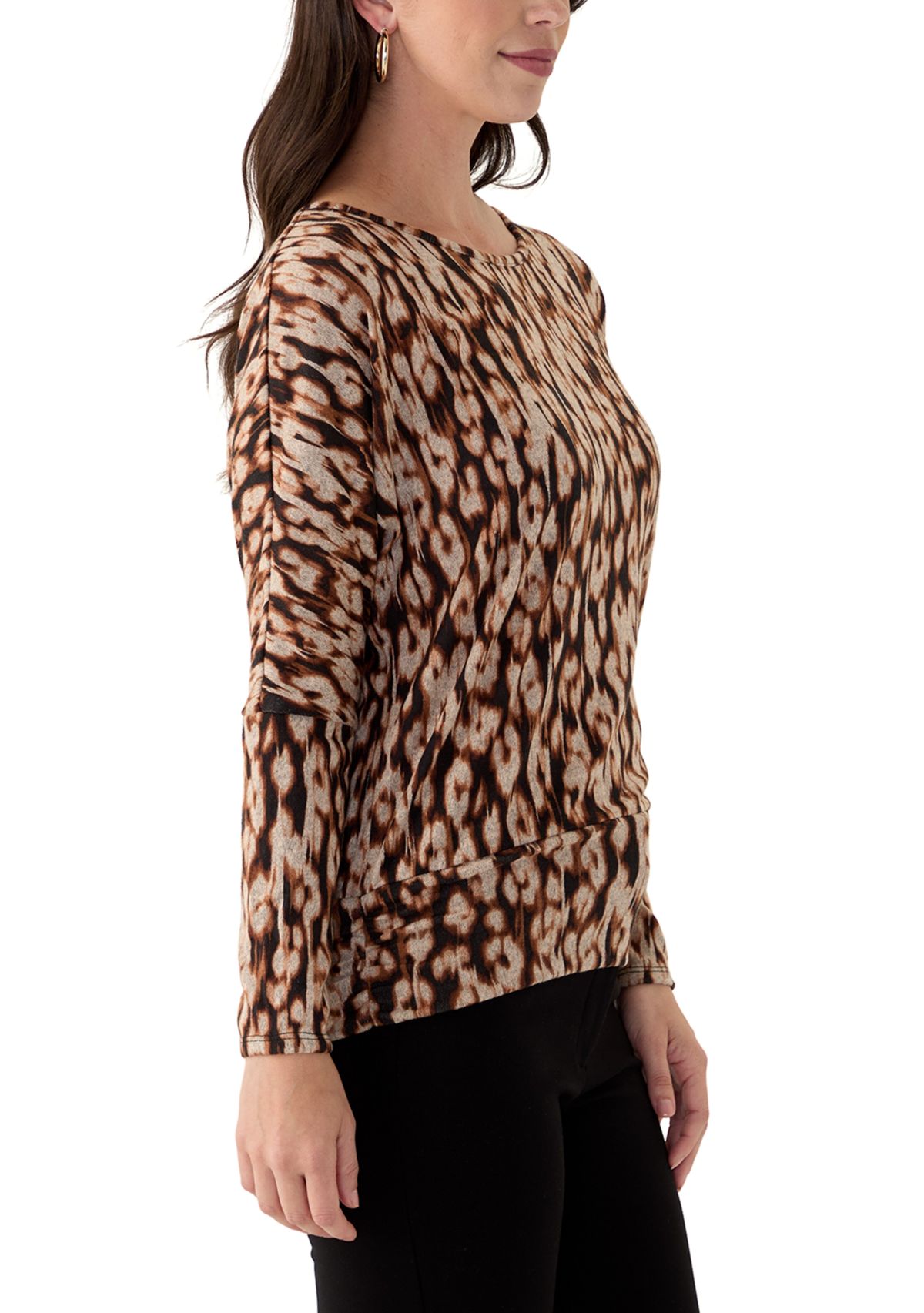 Womens Long Sleeve Banded Hem Printed Knit Top