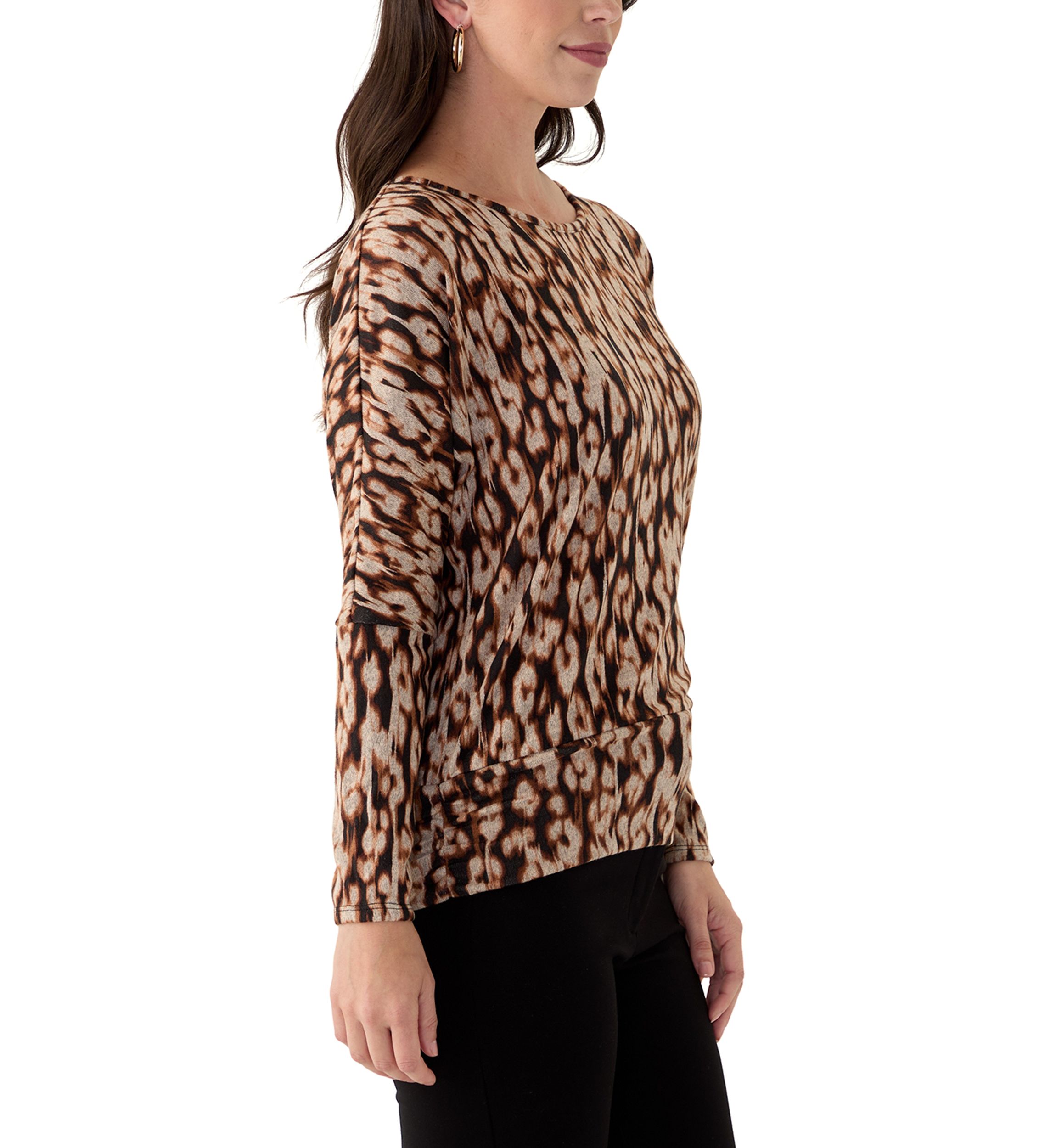 Womens Long Sleeve Banded Hem Printed Knit Top