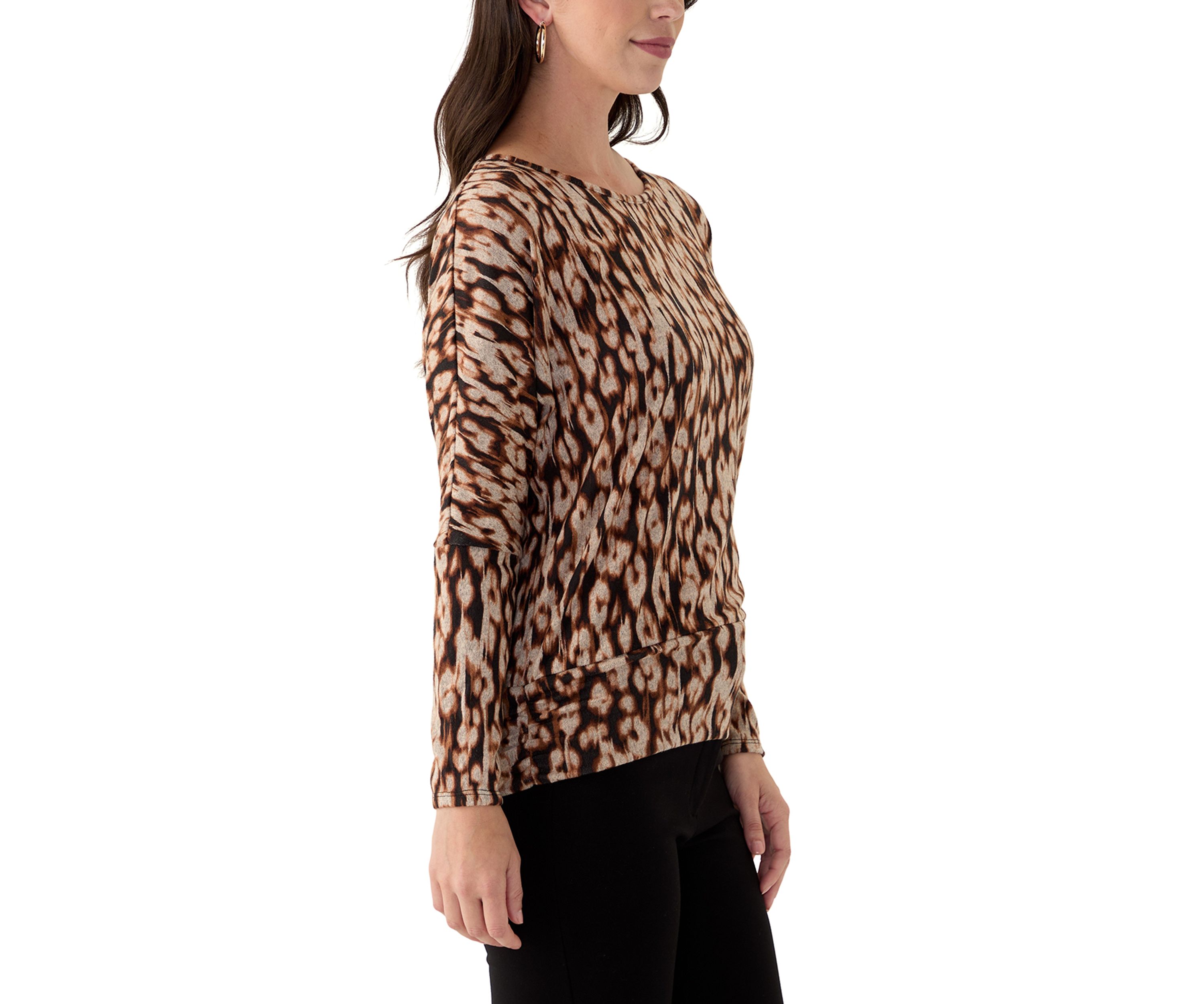 Womens Long Sleeve Banded Hem Printed Knit Top