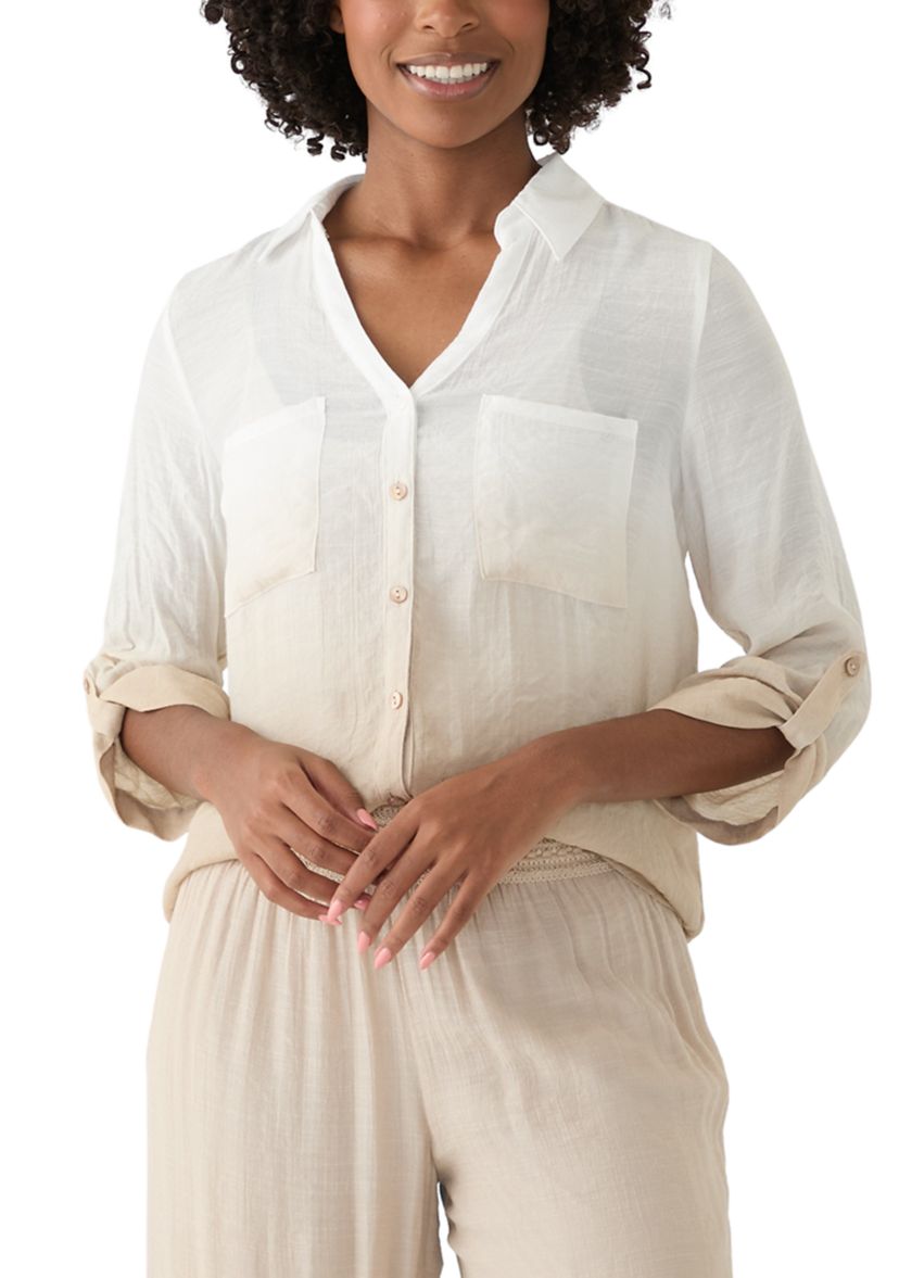Womens Long Sleeve Dip Dye Button Down Shirt