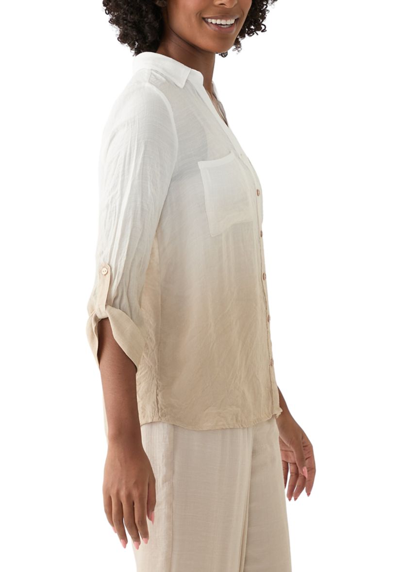 Womens Long Sleeve Dip Dye Button Down Shirt