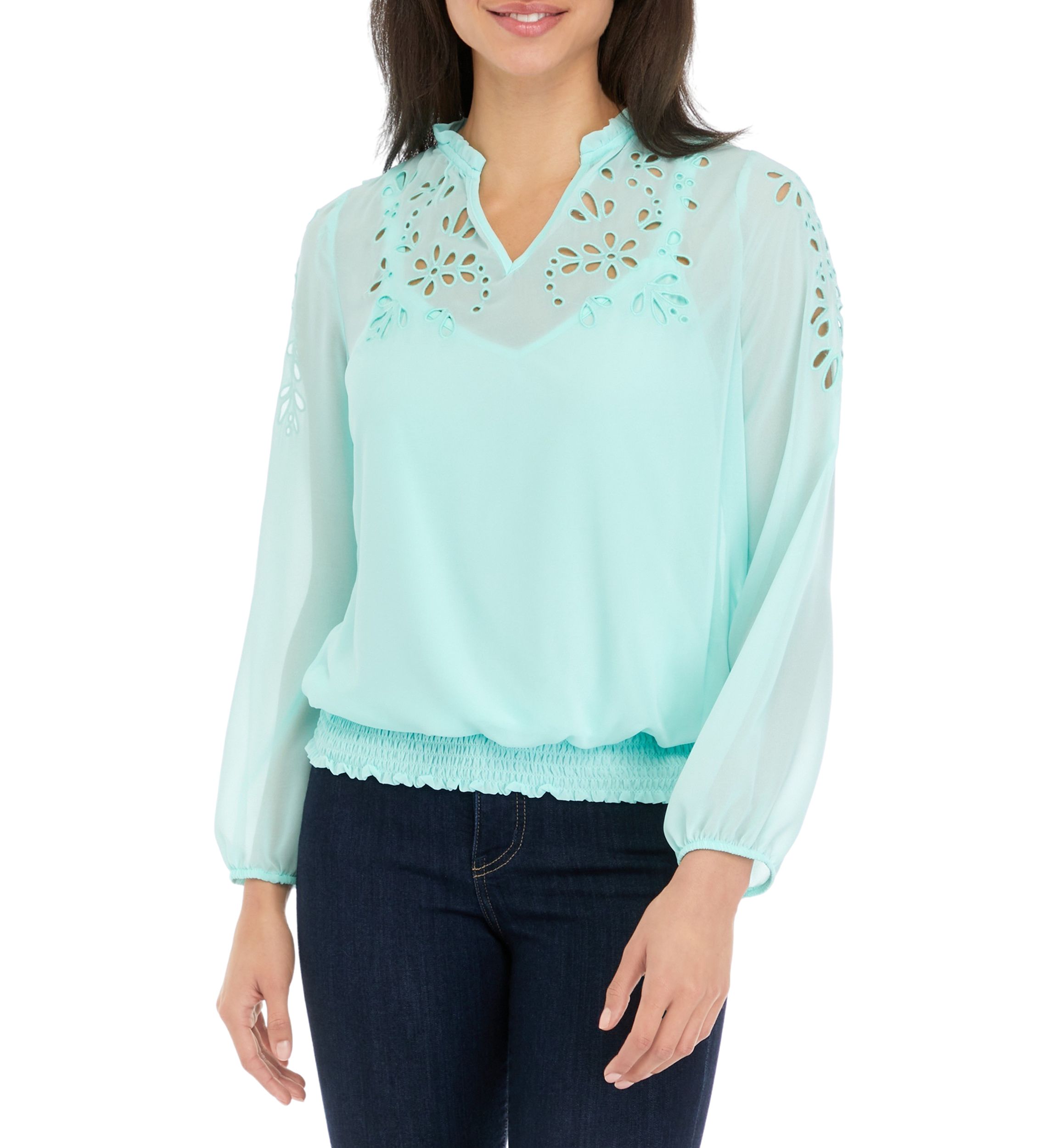Womens Long Sleeve Floral Cut Out Blouse