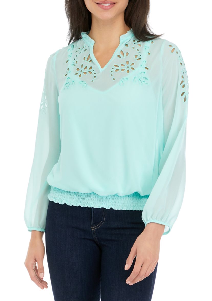 Womens Long Sleeve Floral Cut Out Blouse
