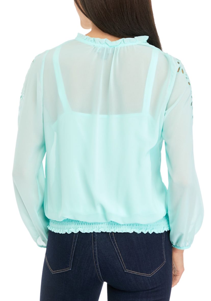 Womens Long Sleeve Floral Cut Out Blouse