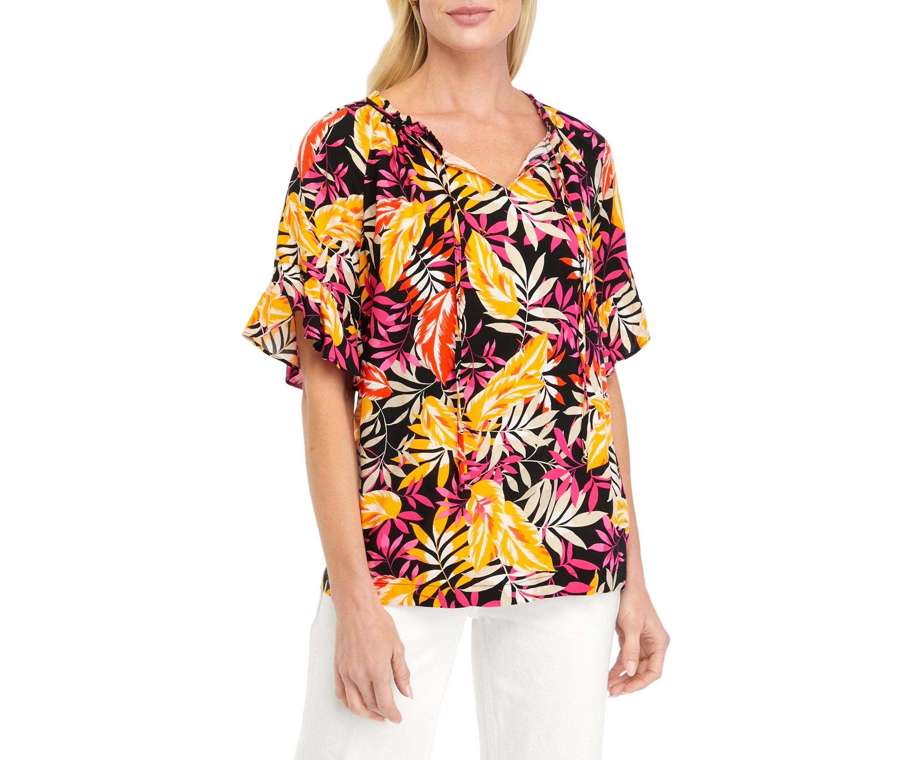 Womens Printed Tie Neck Blouse