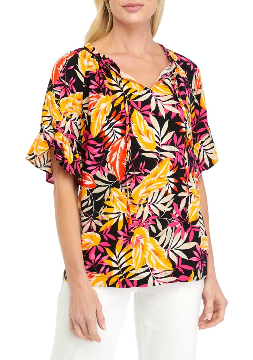 Womens Printed Tie Neck Blouse