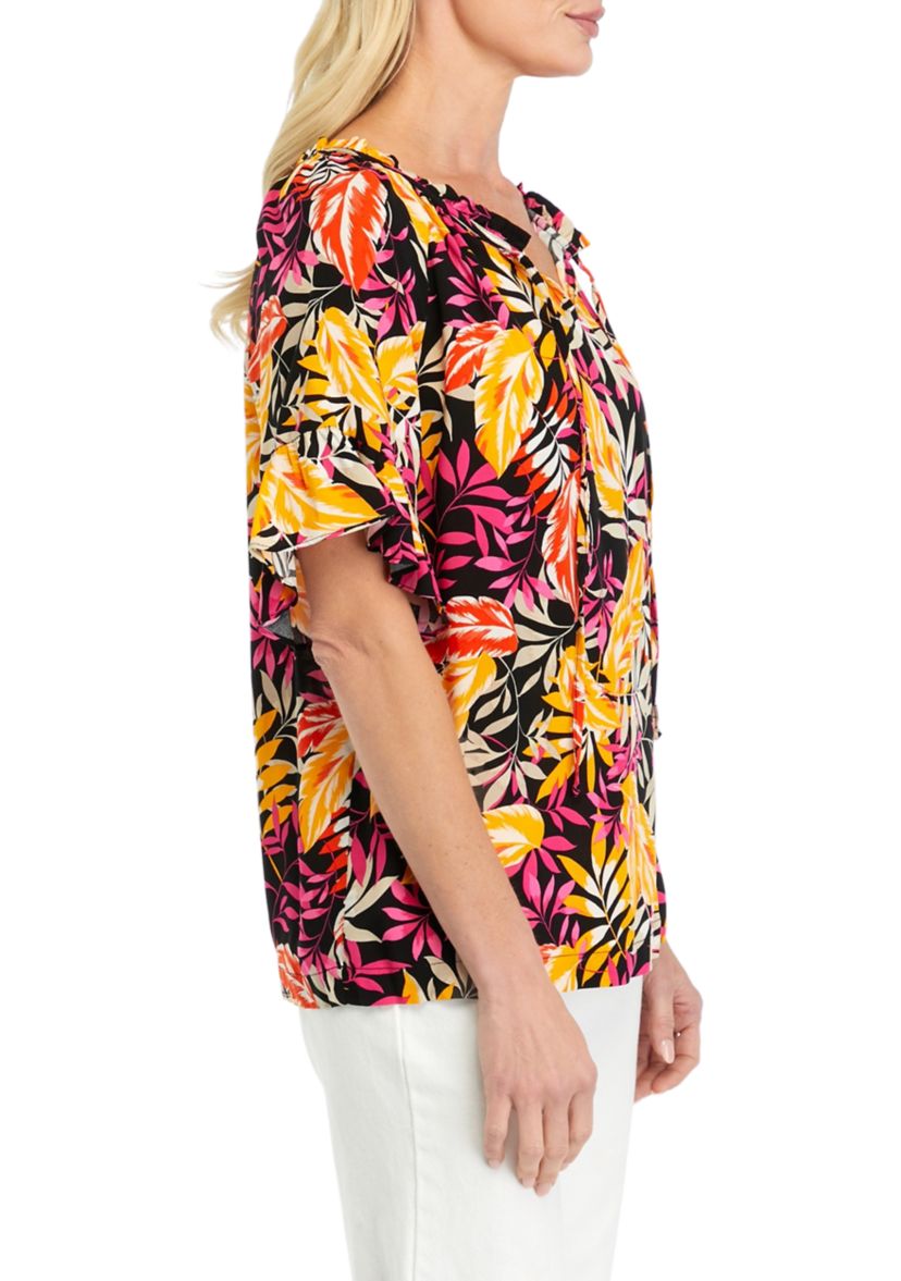 Womens Printed Tie Neck Blouse