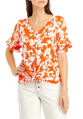 Women's Floral Printed Tie Hem Blouse