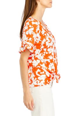 Women's Floral Printed Tie Hem Blouse