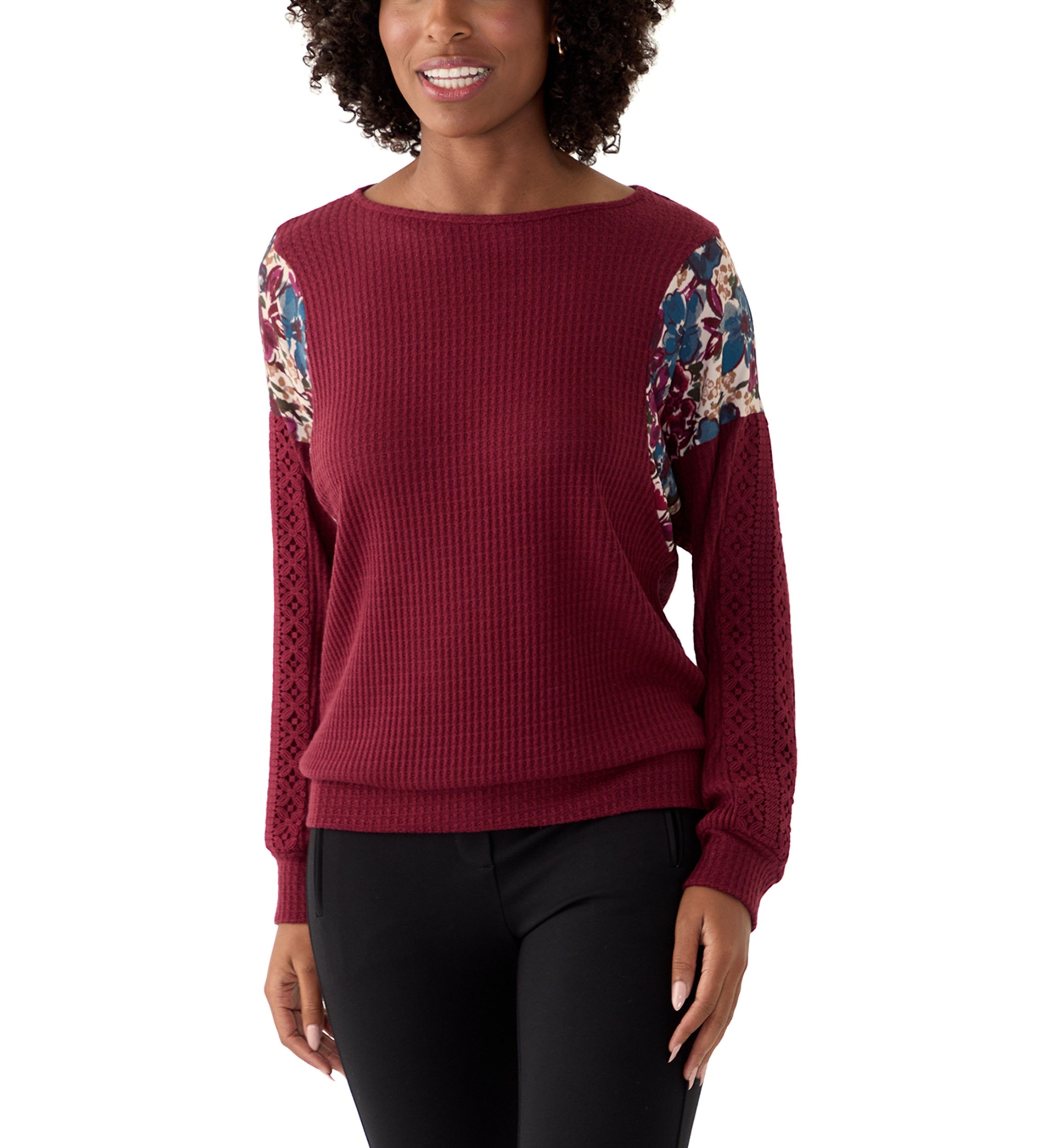 Womens Long Sleeve Mixed Media Knit Top
