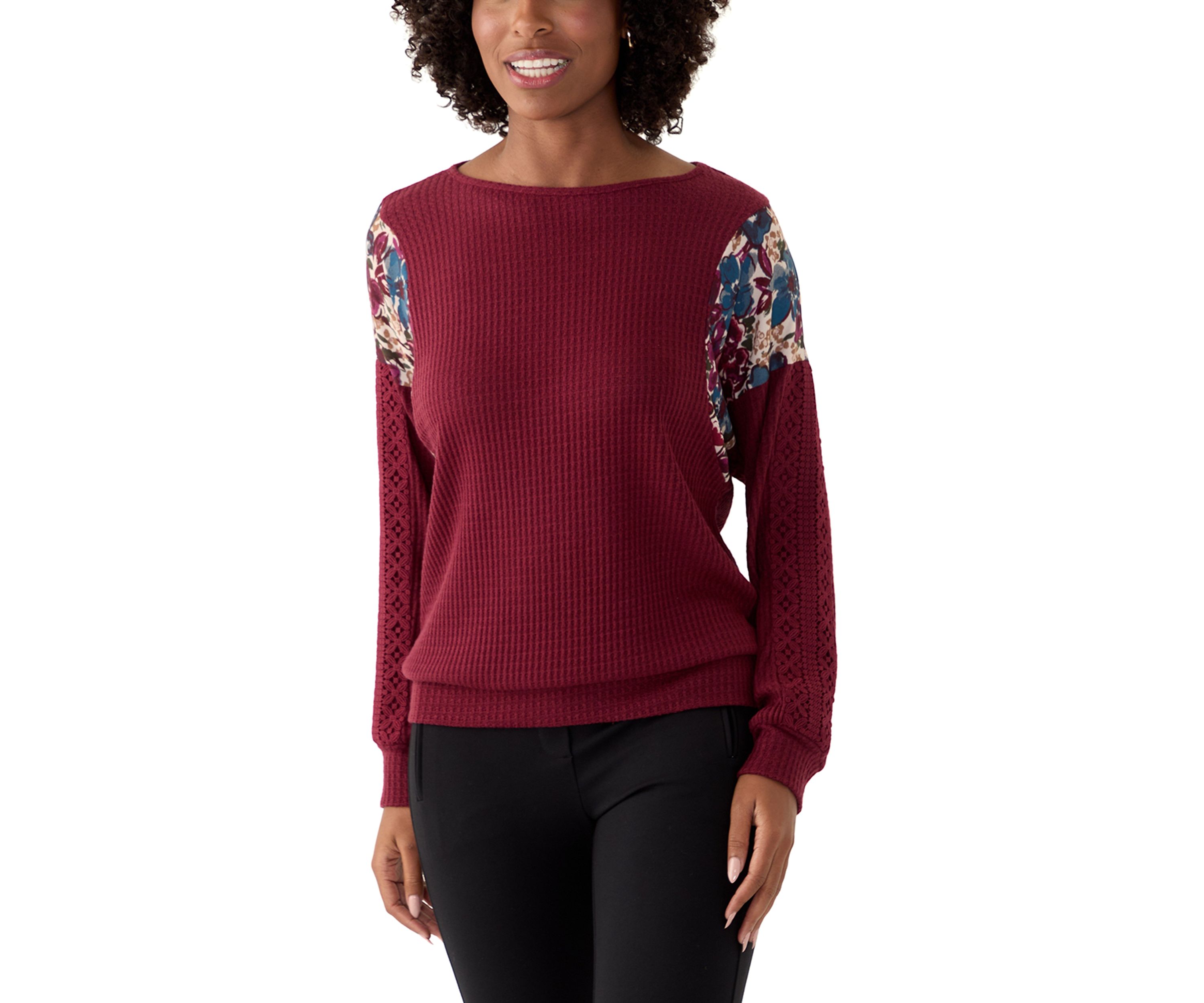 Womens Long Sleeve Mixed Media Knit Top