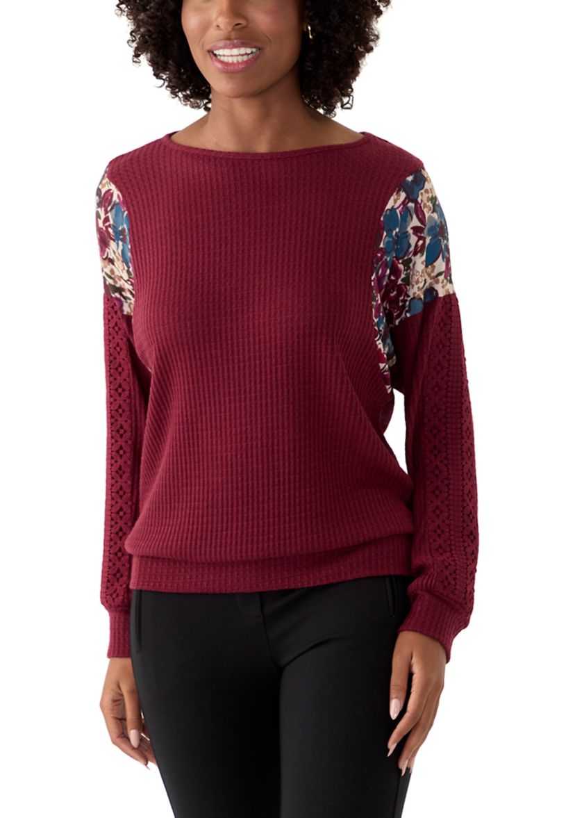 Womens Long Sleeve Mixed Media Knit Top