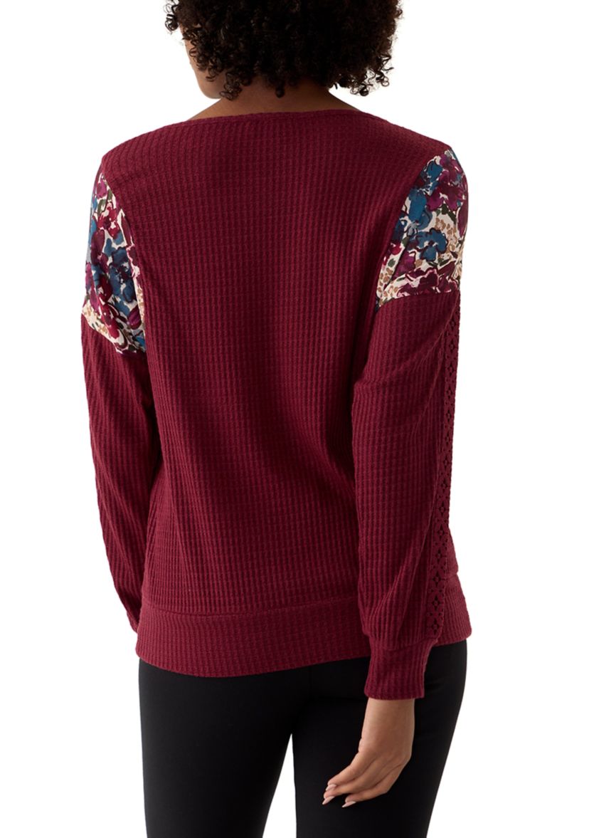 Womens Long Sleeve Mixed Media Knit Top