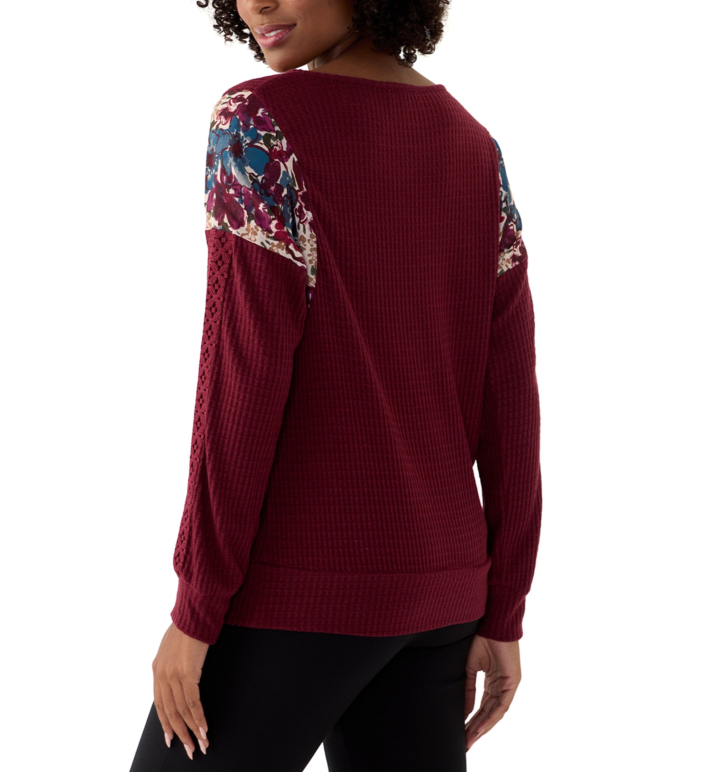 Womens Long Sleeve Mixed Media Knit Top