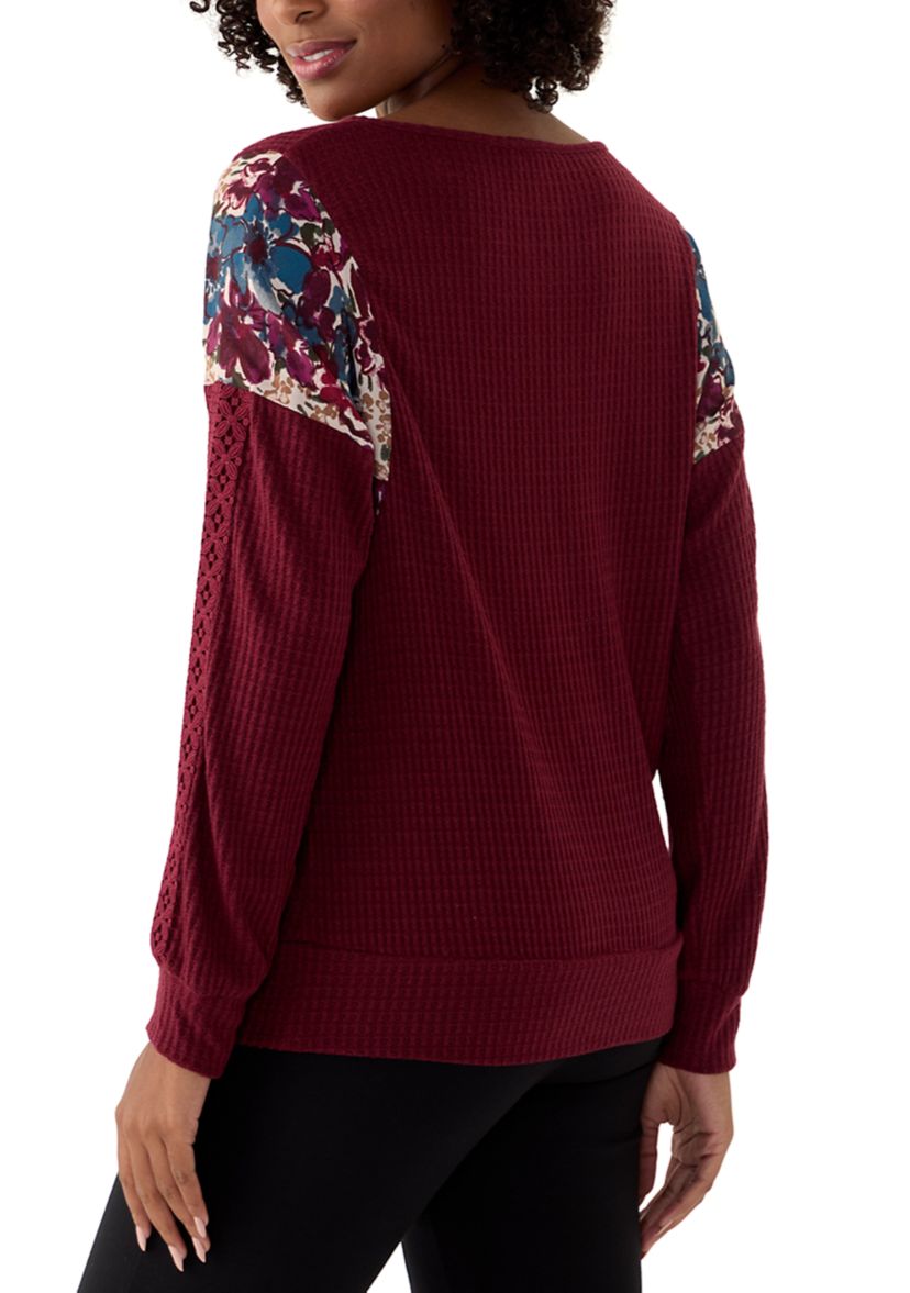 Womens Long Sleeve Mixed Media Knit Top