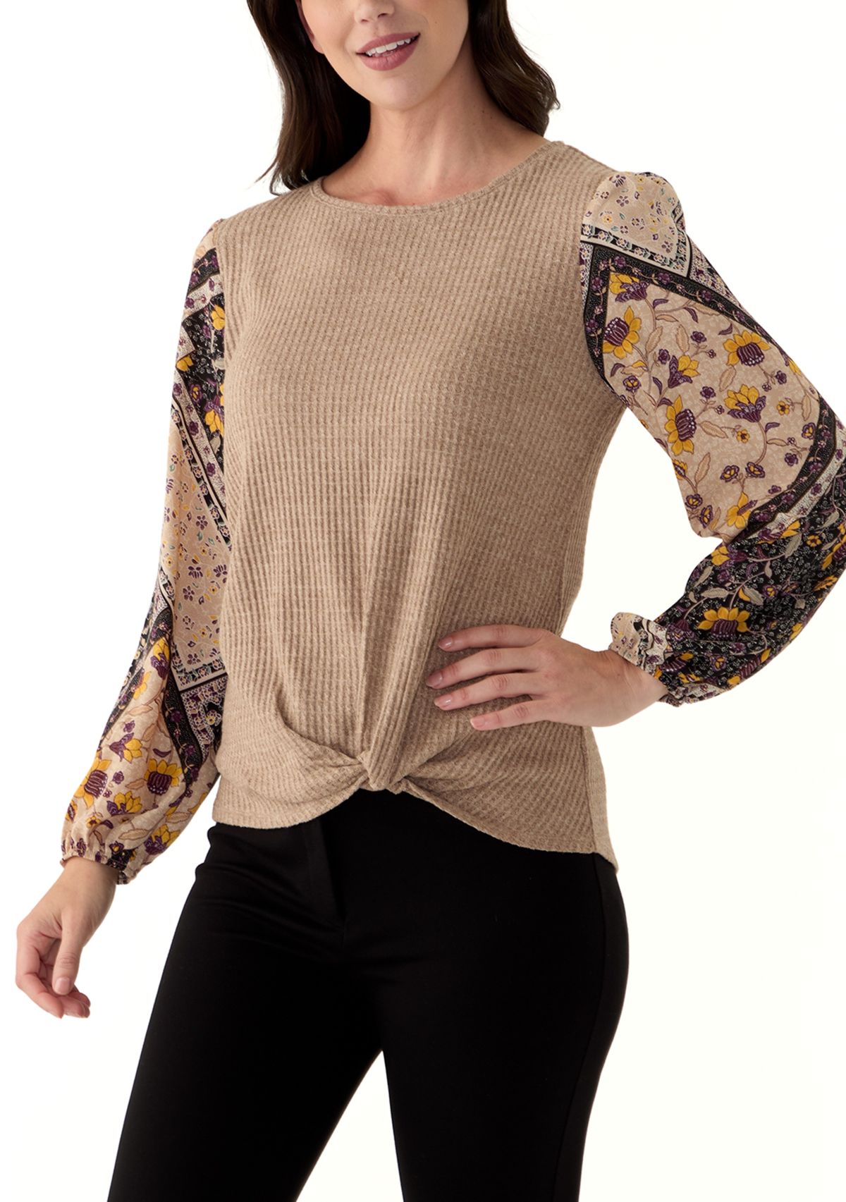 Womens Long Sleeve Mixed Media Knit Top