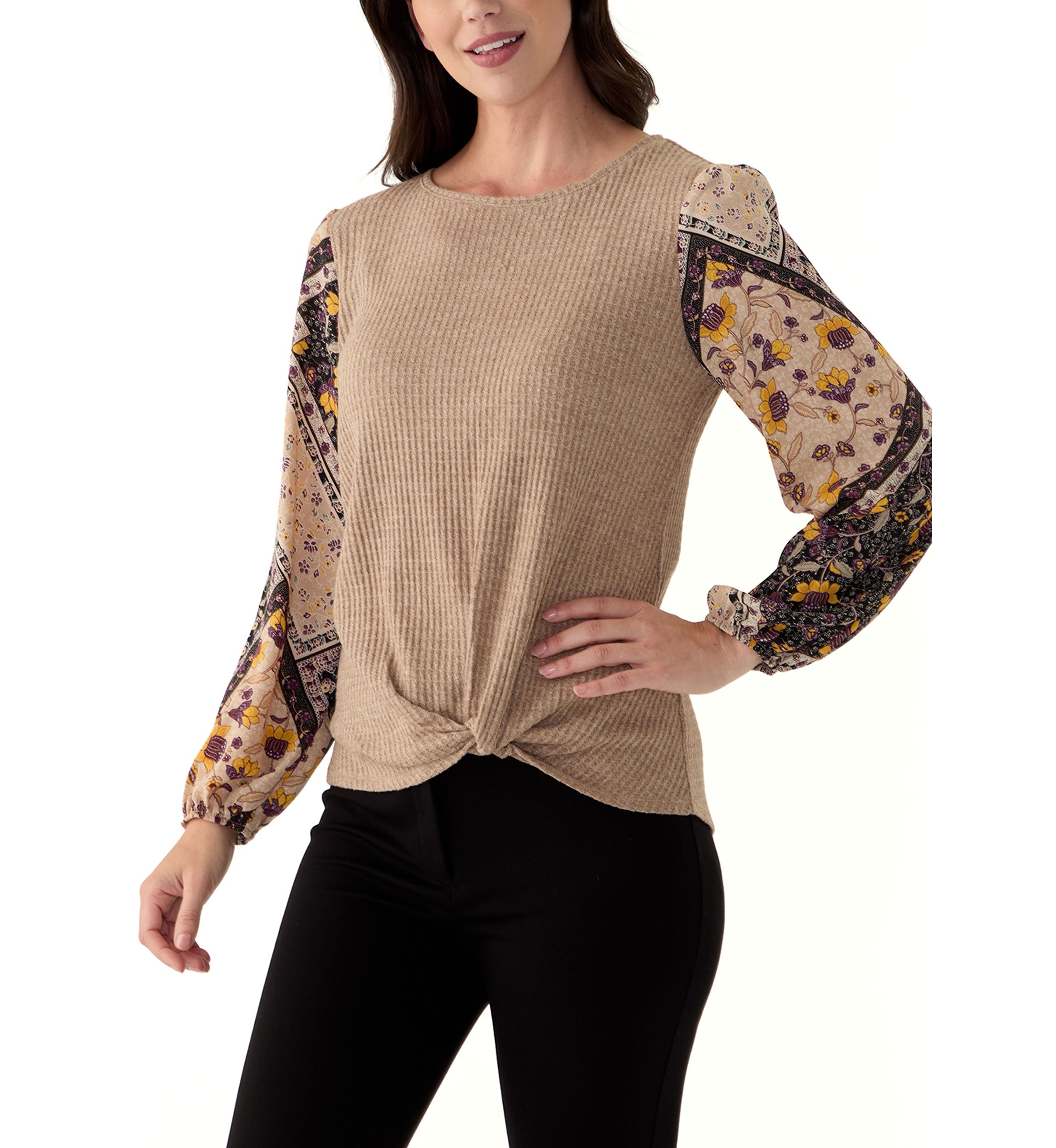 Womens Long Sleeve Mixed Media Knit Top