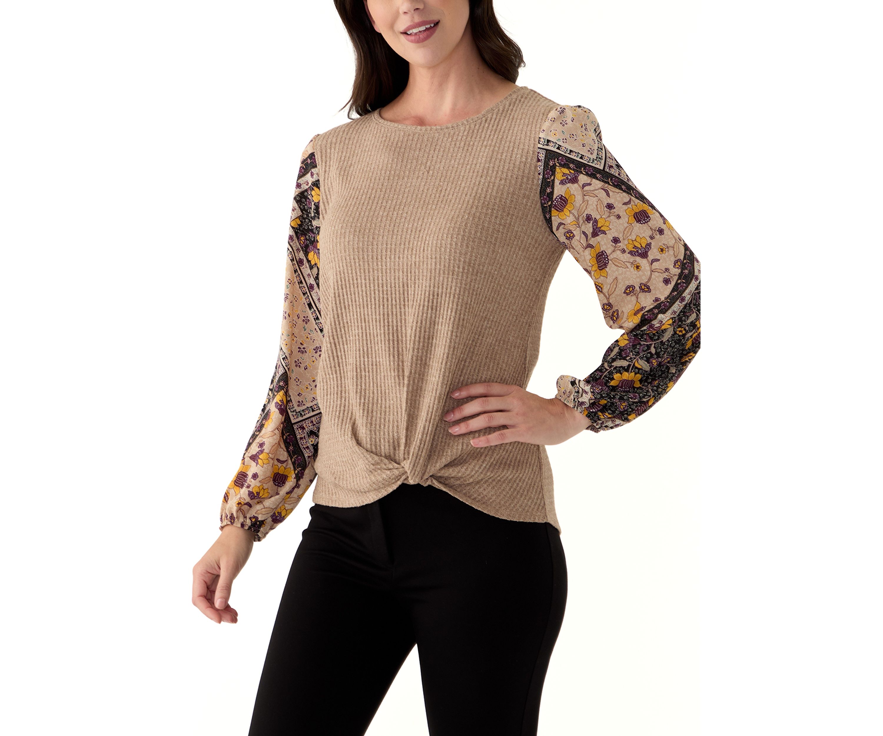 Womens Long Sleeve Mixed Media Knit Top