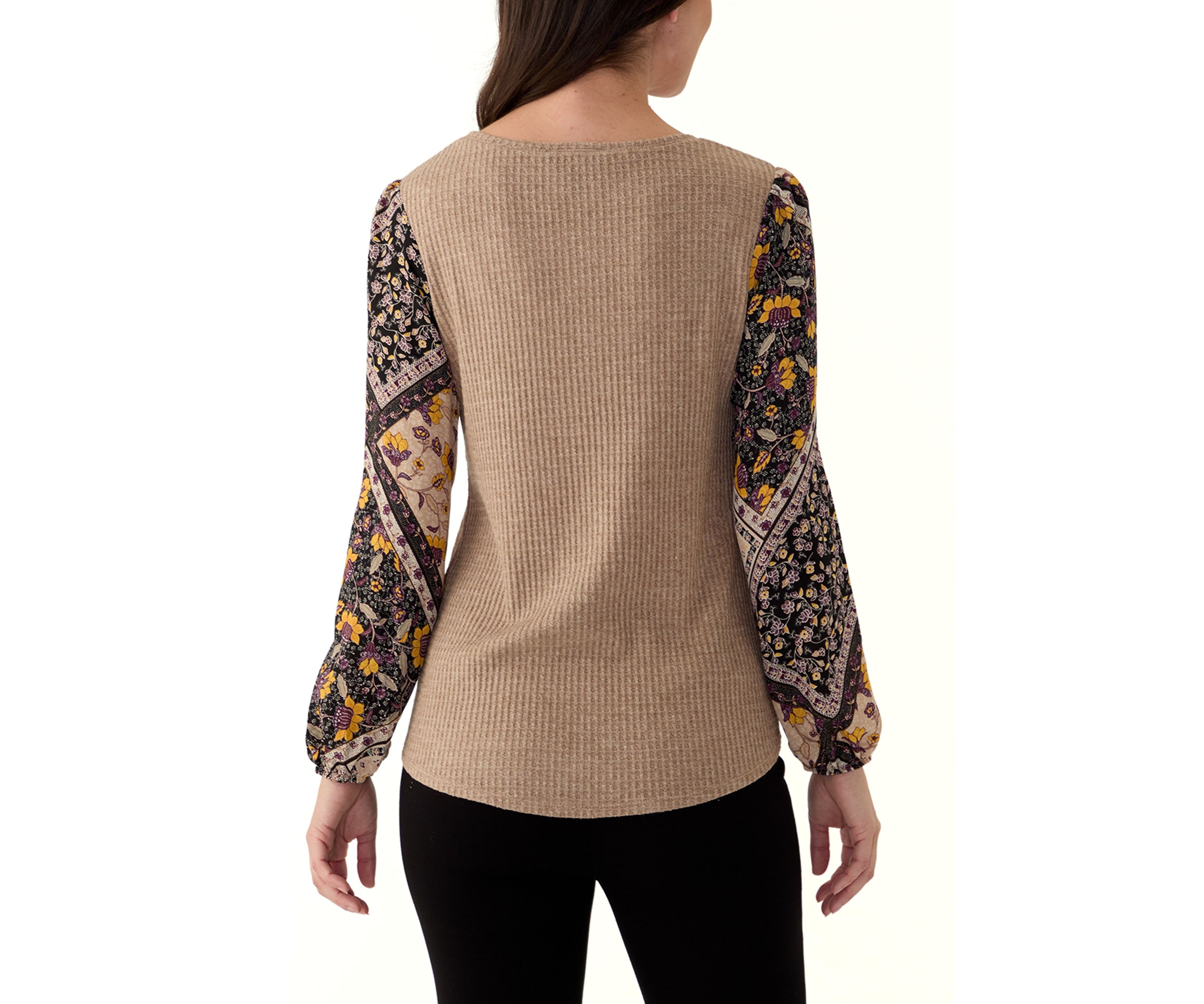 Womens Long Sleeve Mixed Media Knit Top