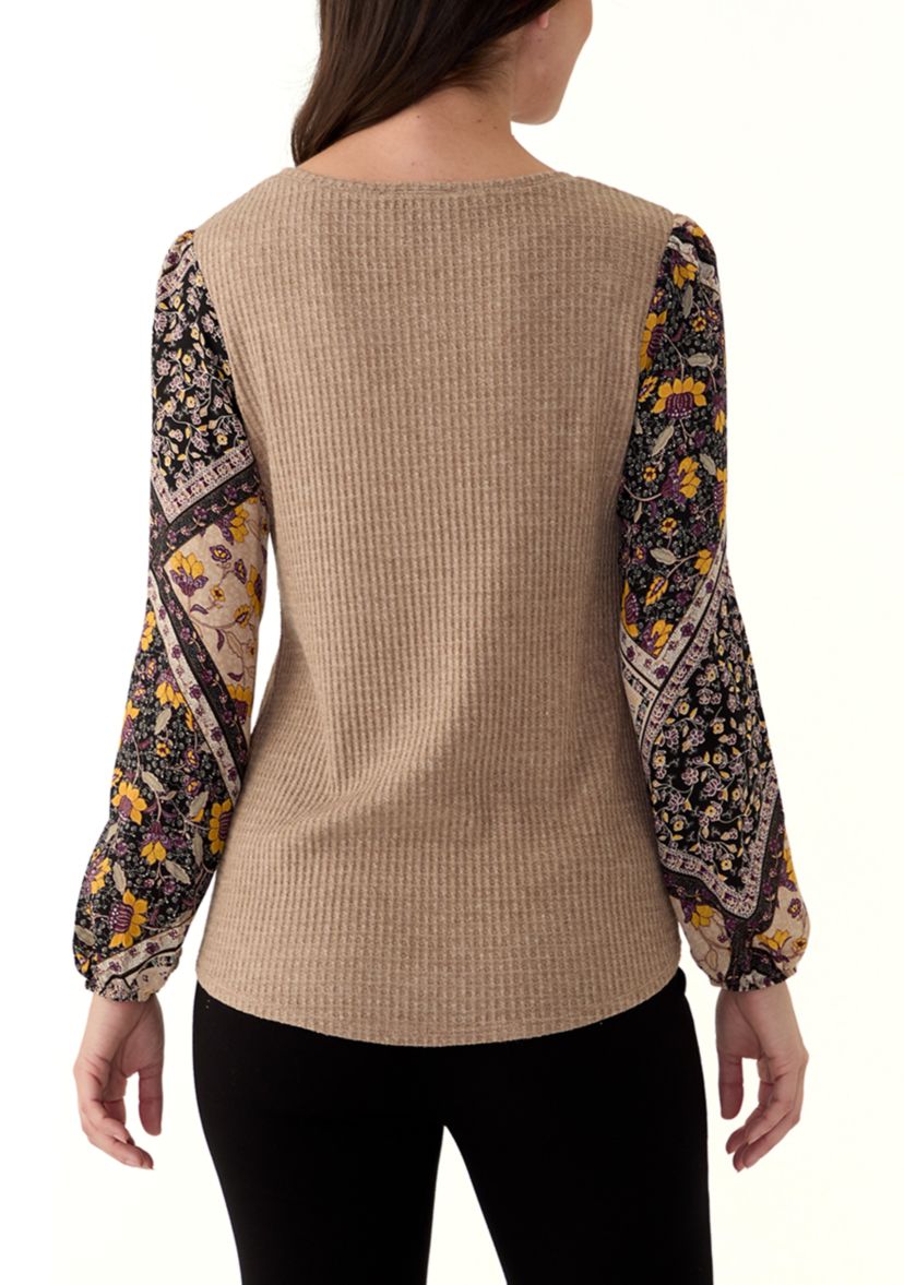 Womens Long Sleeve Mixed Media Knit Top