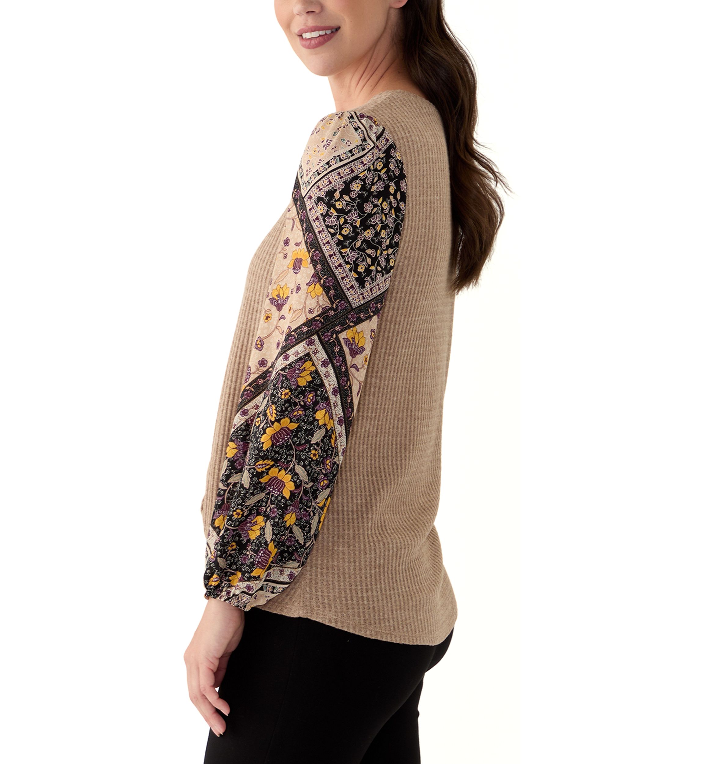 Womens Long Sleeve Mixed Media Knit Top