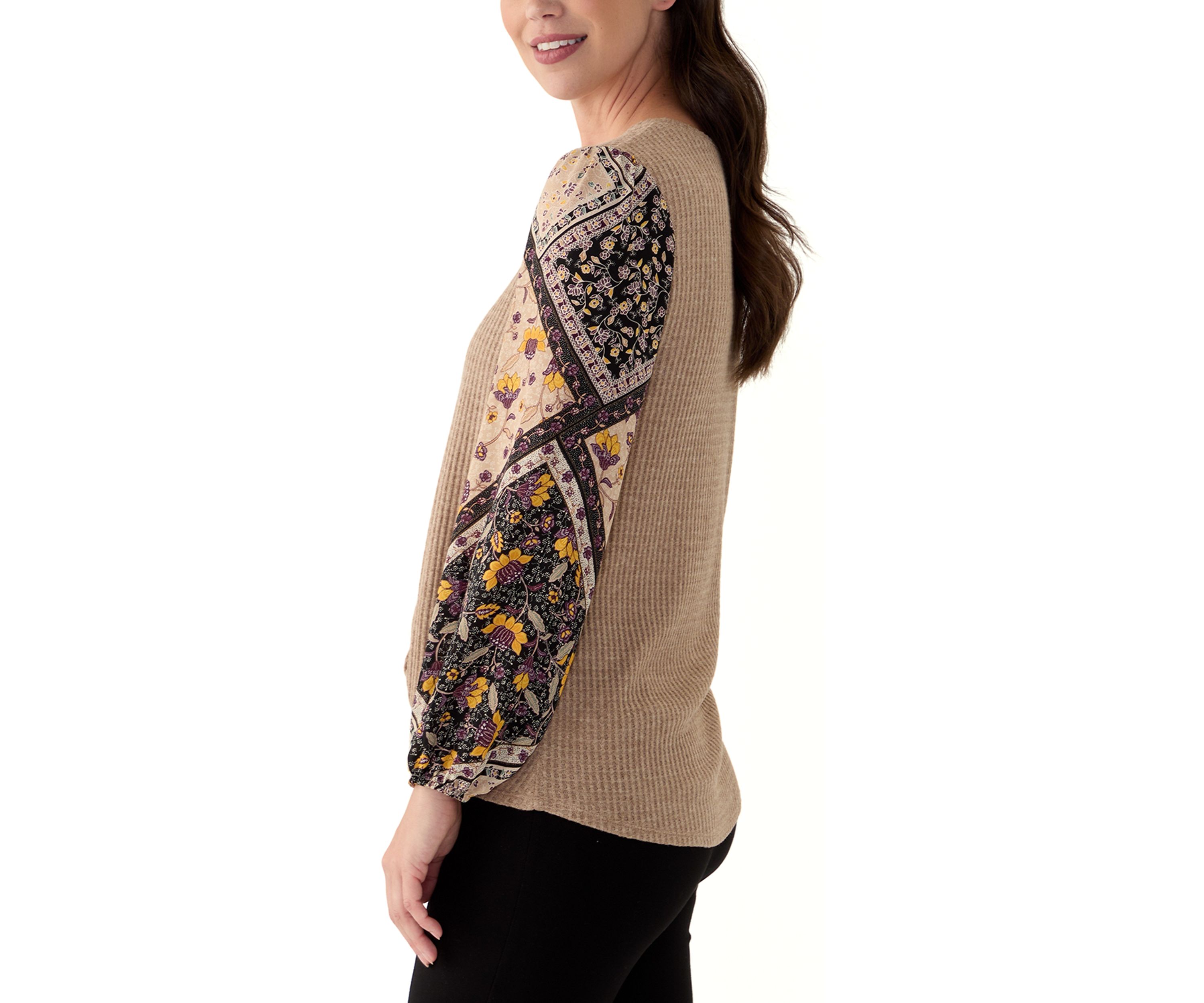Womens Long Sleeve Mixed Media Knit Top