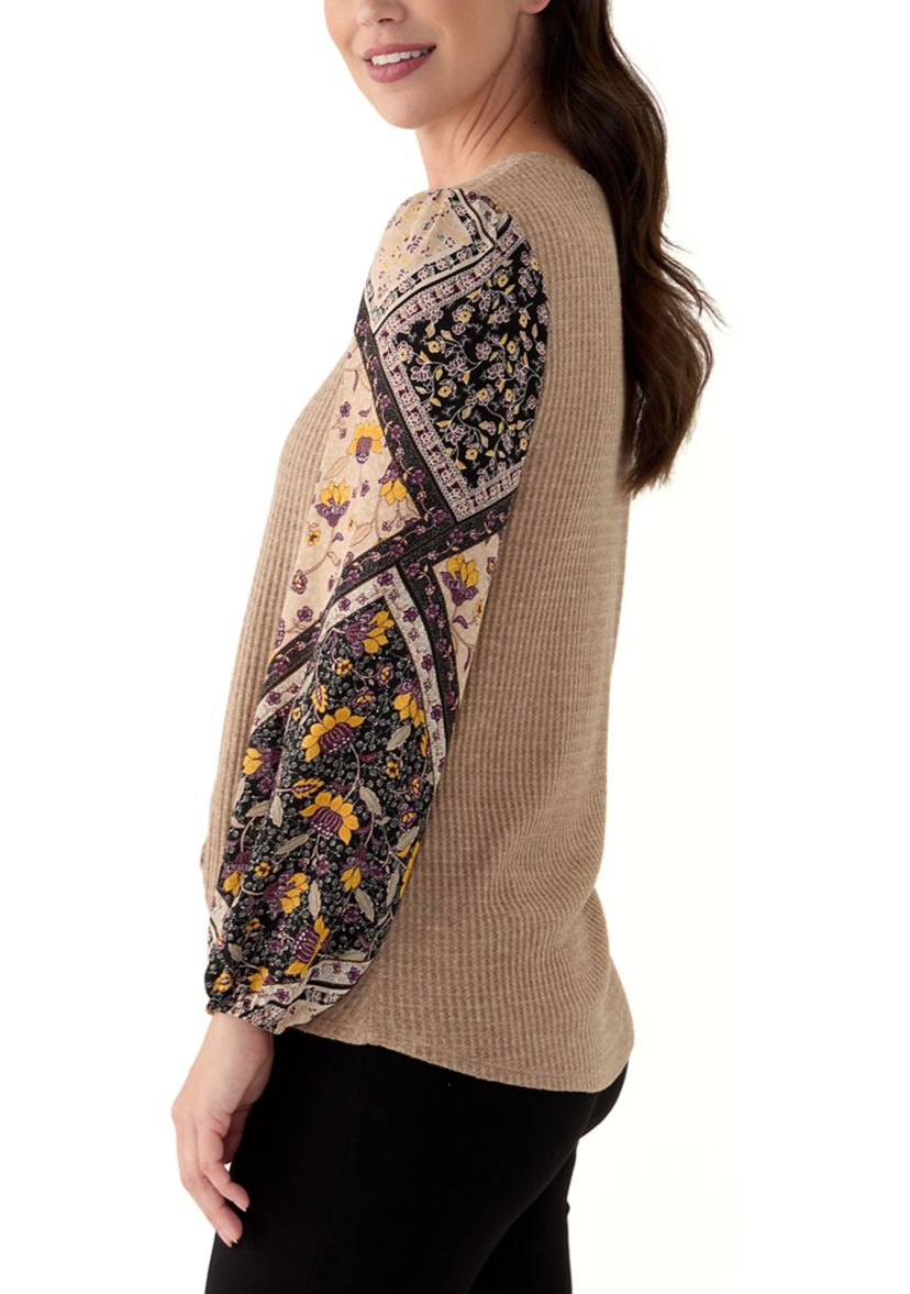 Womens Long Sleeve Mixed Media Knit Top