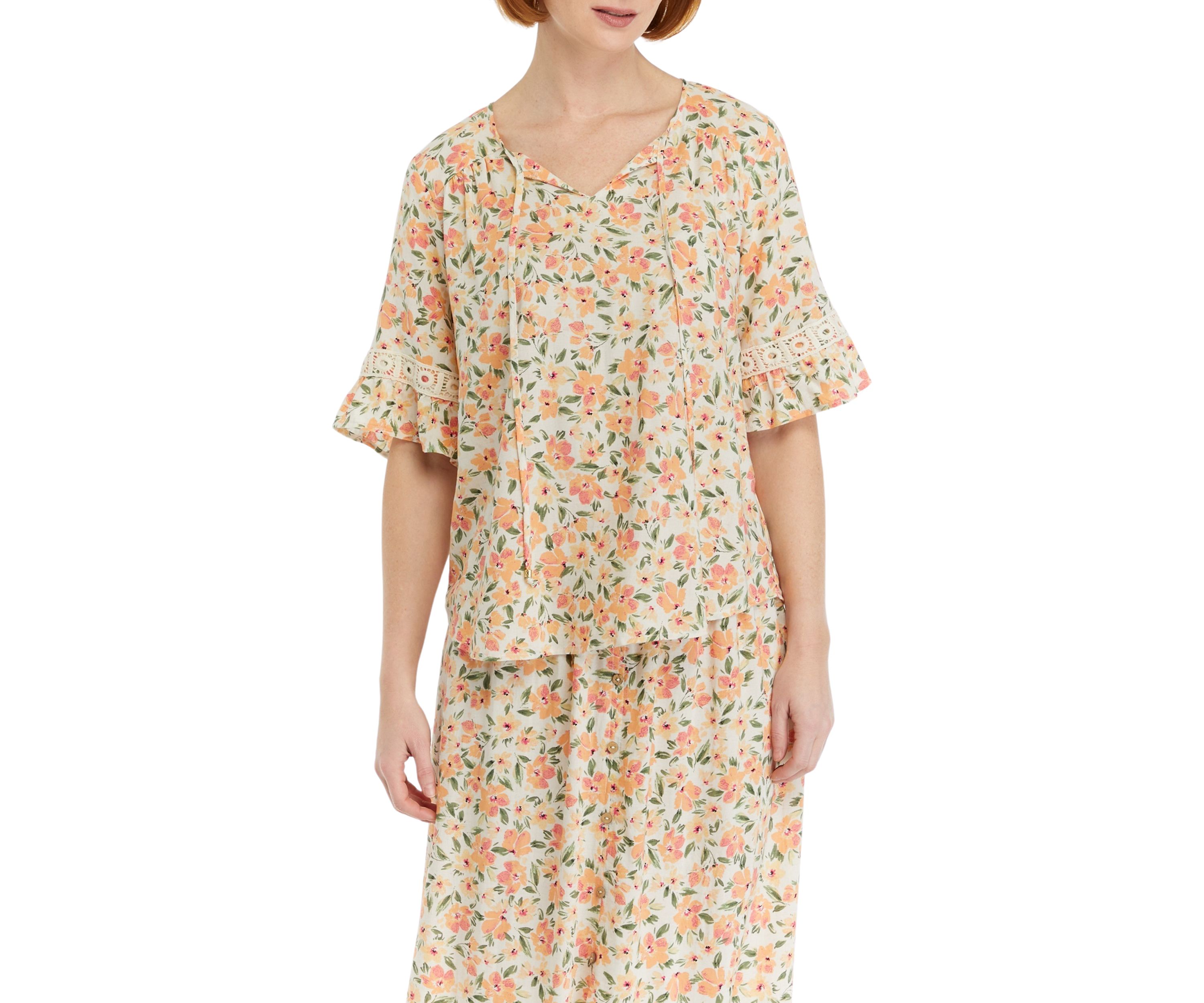 Womens Floral Printed Inset Trim Blouse