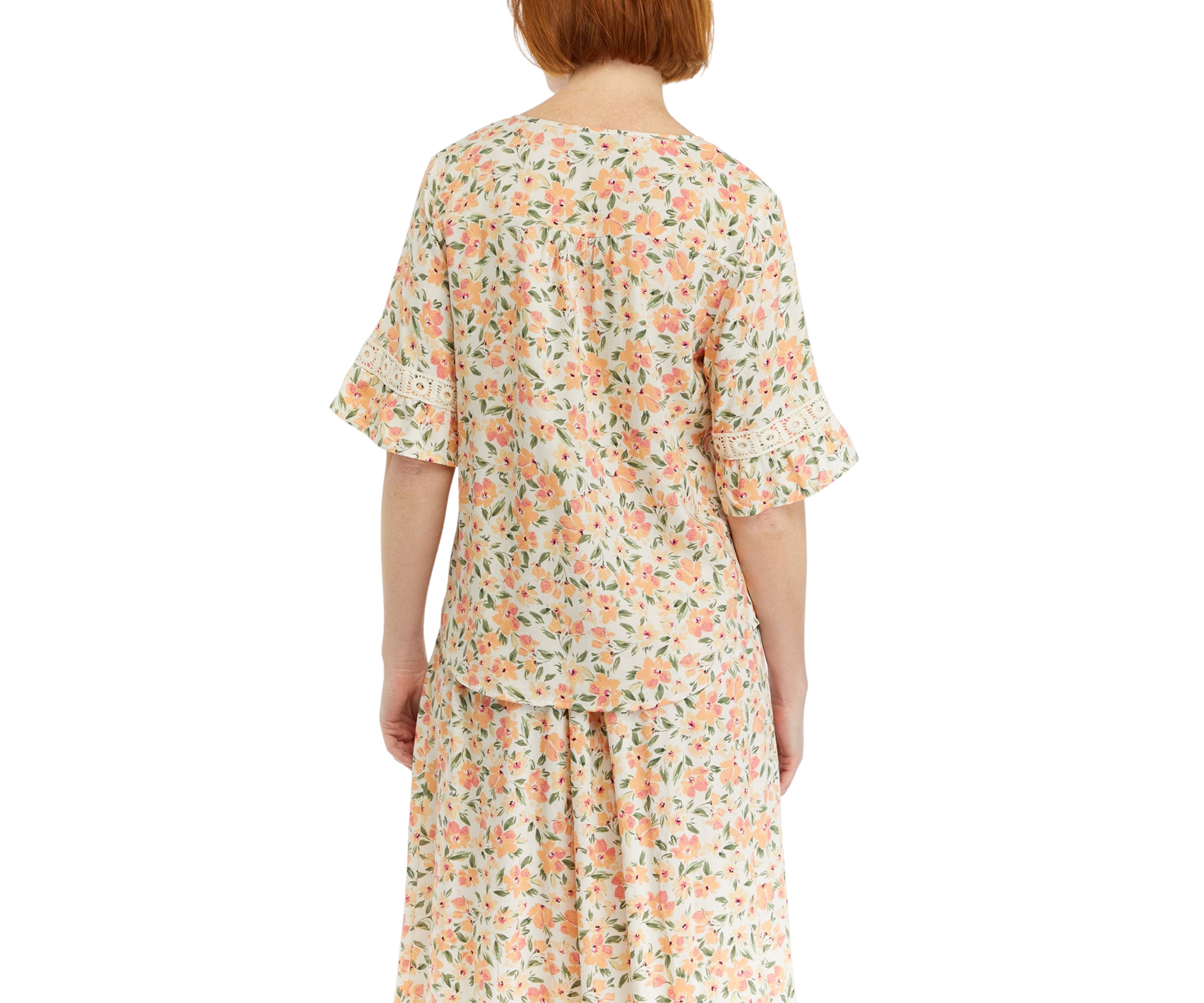 Womens Floral Printed Inset Trim Blouse