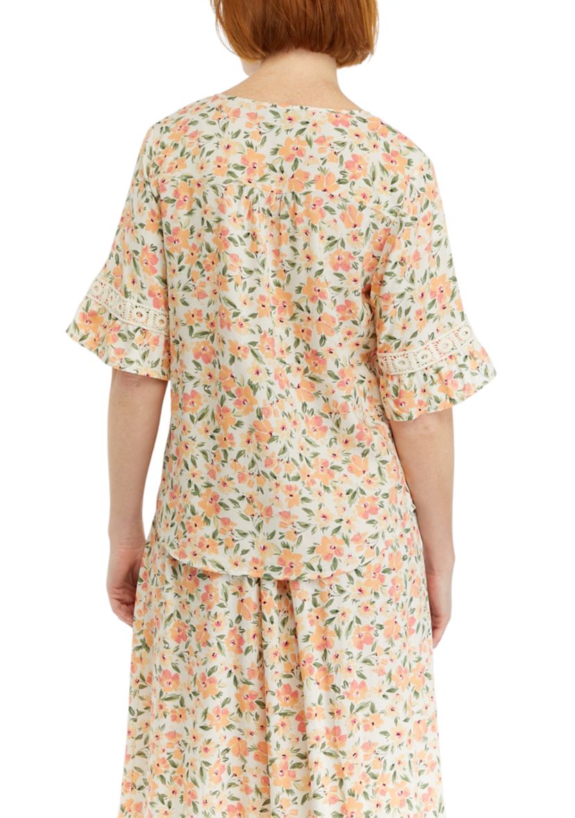 Womens Floral Printed Inset Trim Blouse