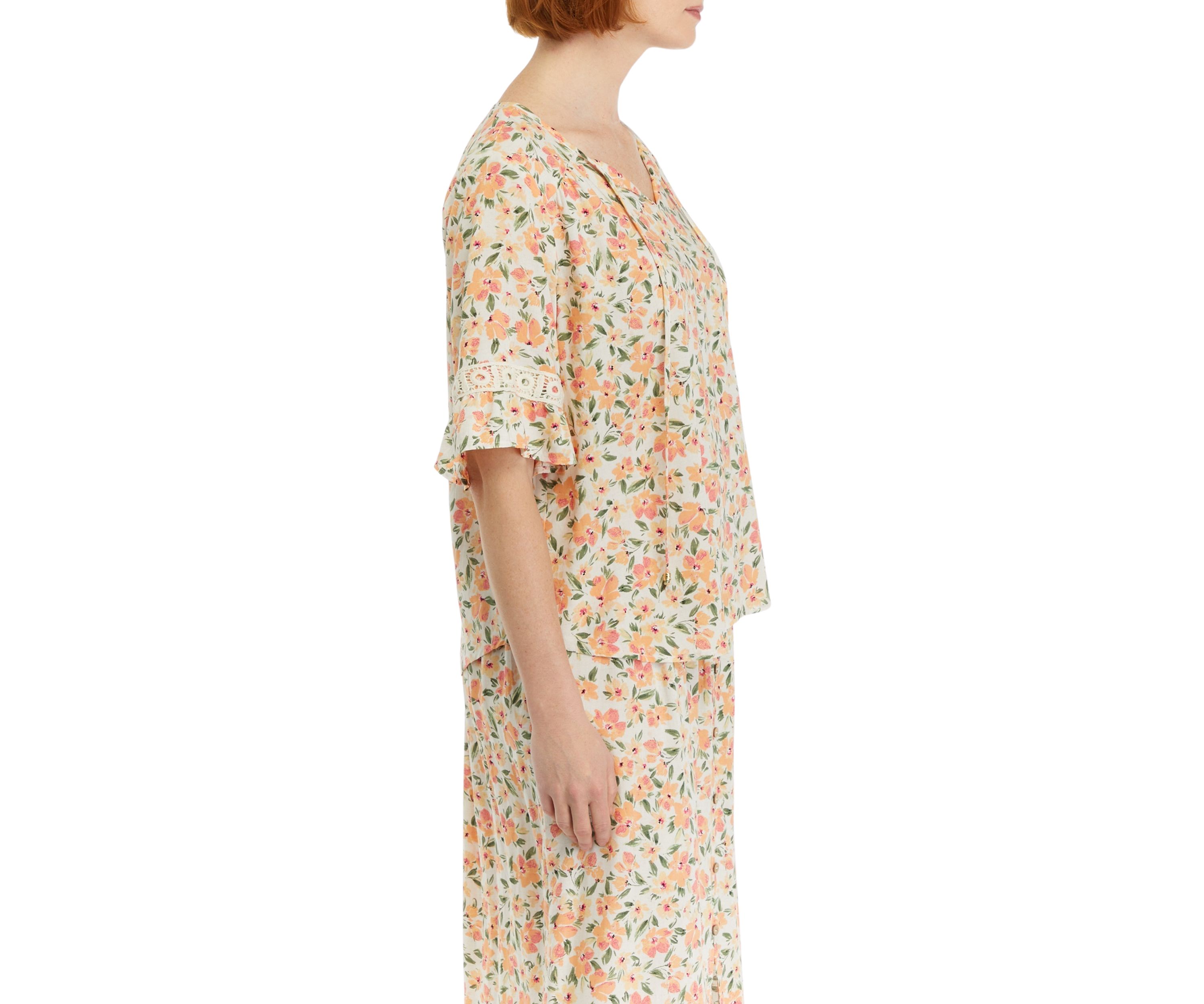 Womens Floral Printed Inset Trim Blouse